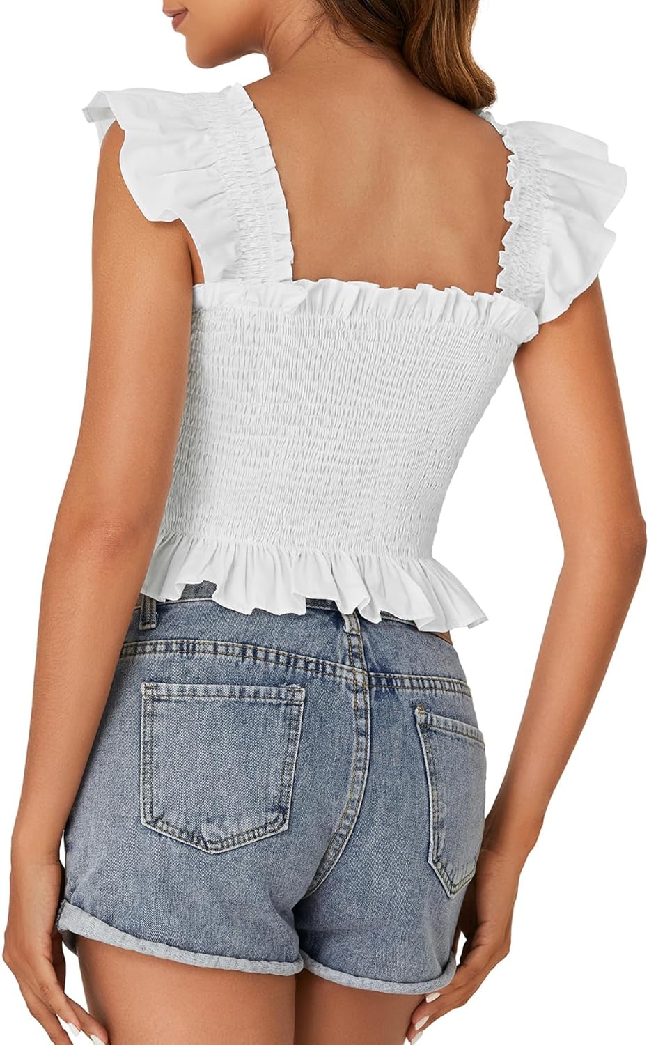 Rooscier Women's Square Neck Smocked Ruffle Cap Sleeve Cami Peplum Top - Image 4