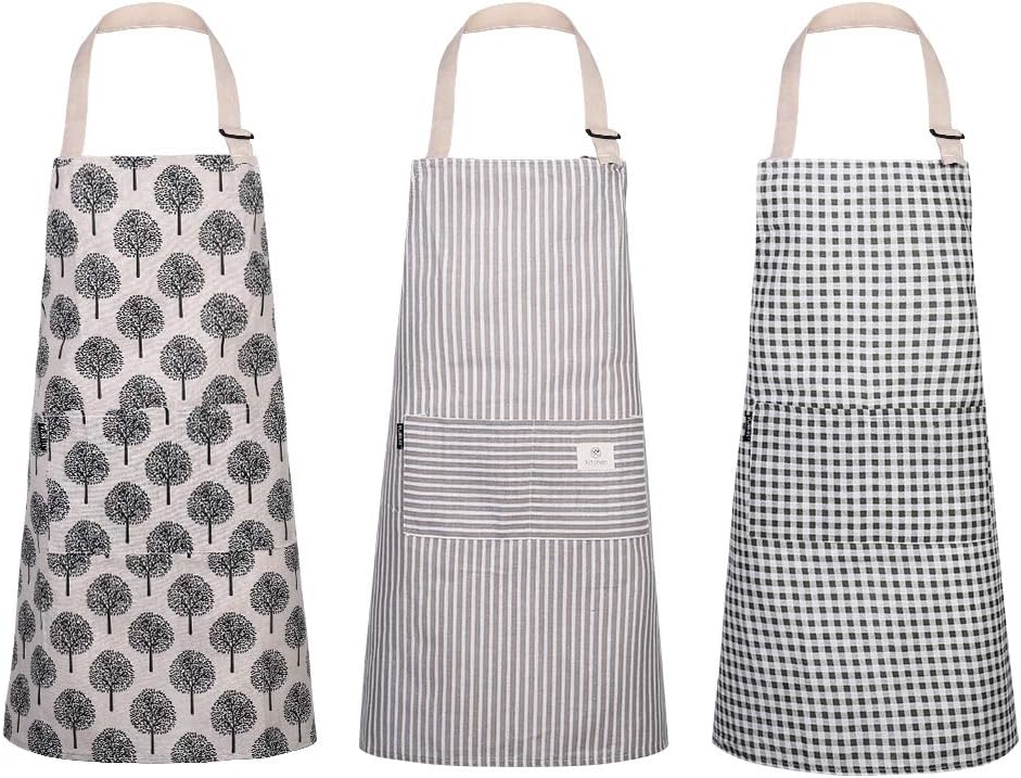 umorismo 3 Pack Women Aprons with Pockets Cotton Linen Cooking Apron Adjustable Kitchen Apron Soft Chef Apron for Kitchen Cooking Baking Household Cleaning