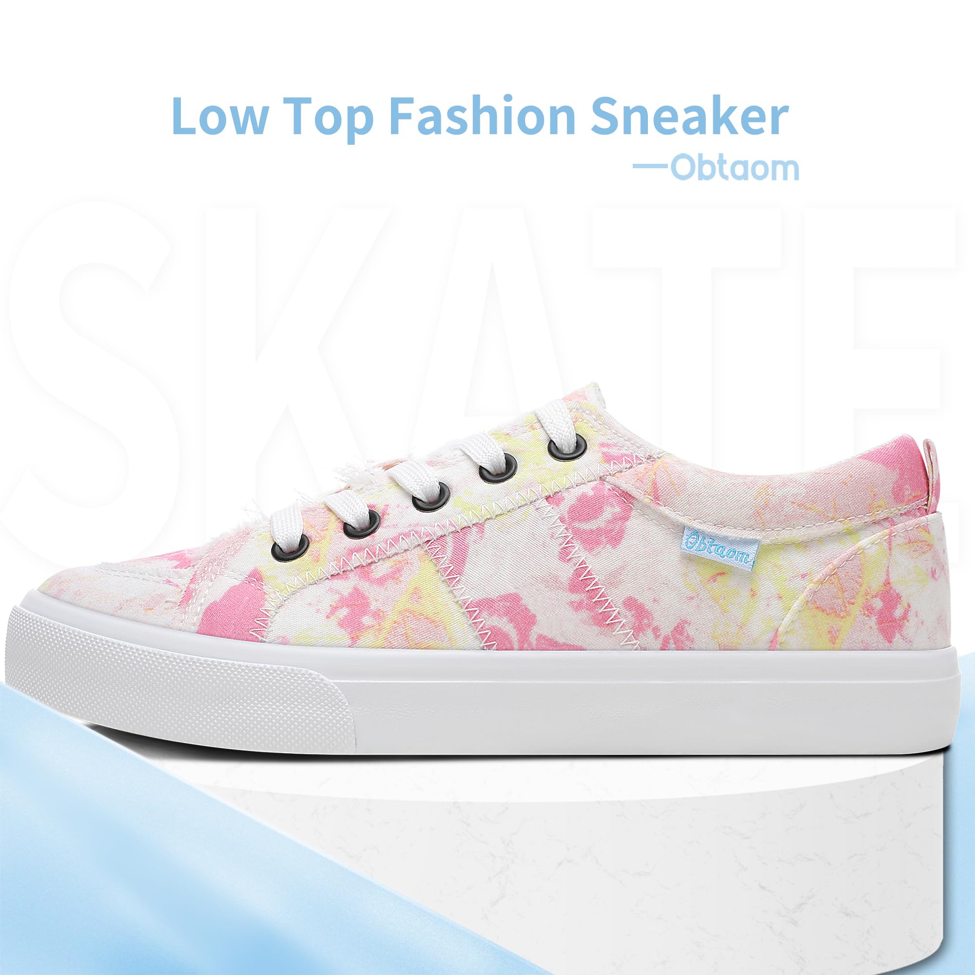 Obtaom Scarpe da ginnastica da donna, bianche, alla moda, con lacci, in tela, basse, lavate, piatte, per donna