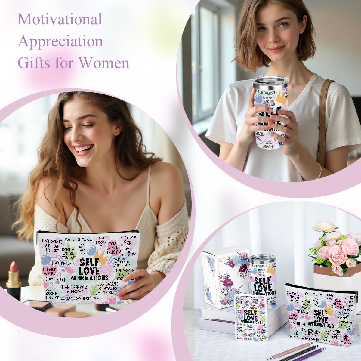 Positive Affirmations Self Love Mental Health Gifts Inspirational Gifts for Women Wife Sister Grandma Birthday Appreciation Anniversary, 20oz Tumbler Makeup Bag Ballpoint Pen Notebook 6PCS - Image 5
