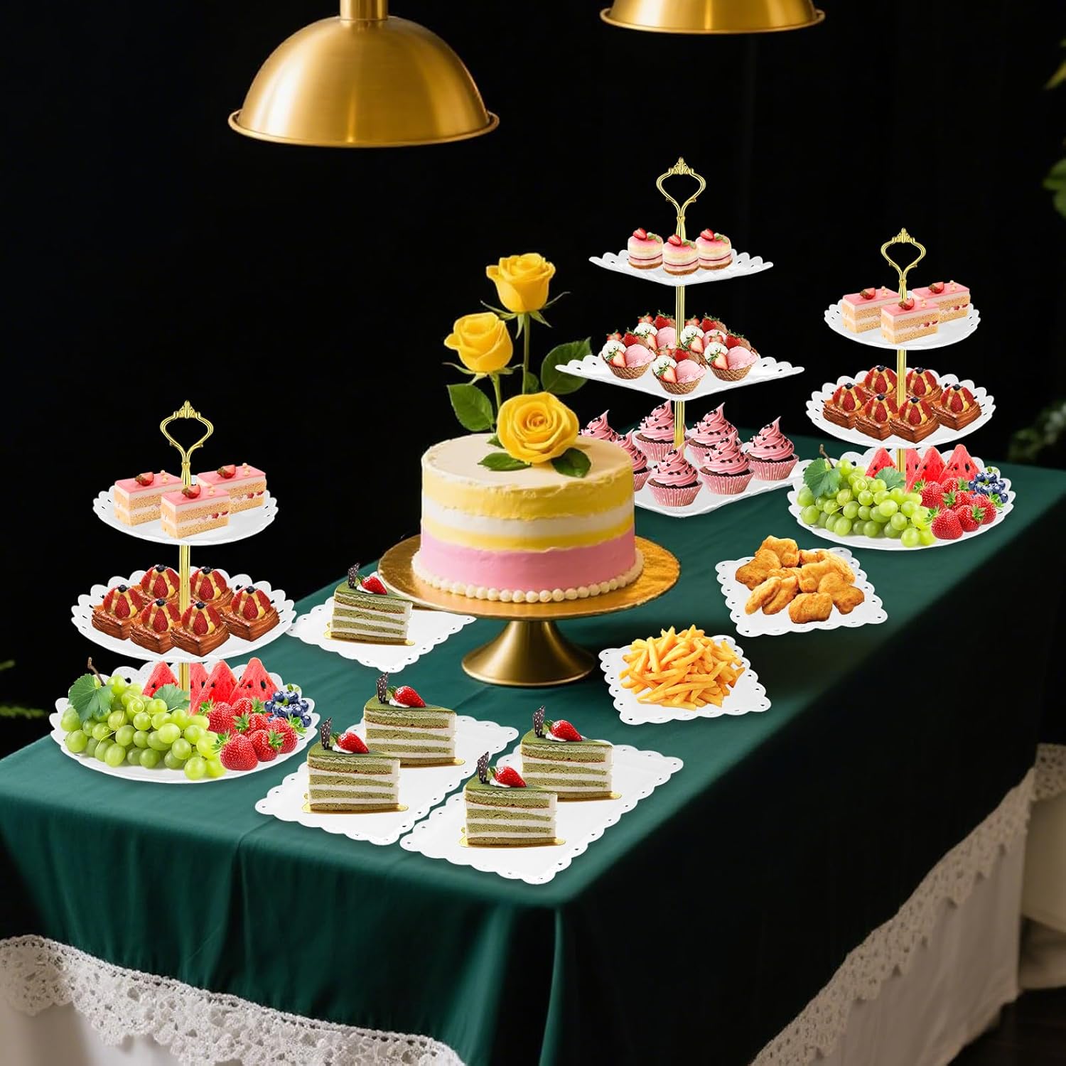 Lazycorner 10 Pcs Dessert Table Display Stands Set , with 6 Pcs 3-Tier Cupcake Stand & 4 Pcs Food Serving Tray - Cookie Tray Rack Serving Tray Cake Display Tower for Wedding Baby Shower Tea Party