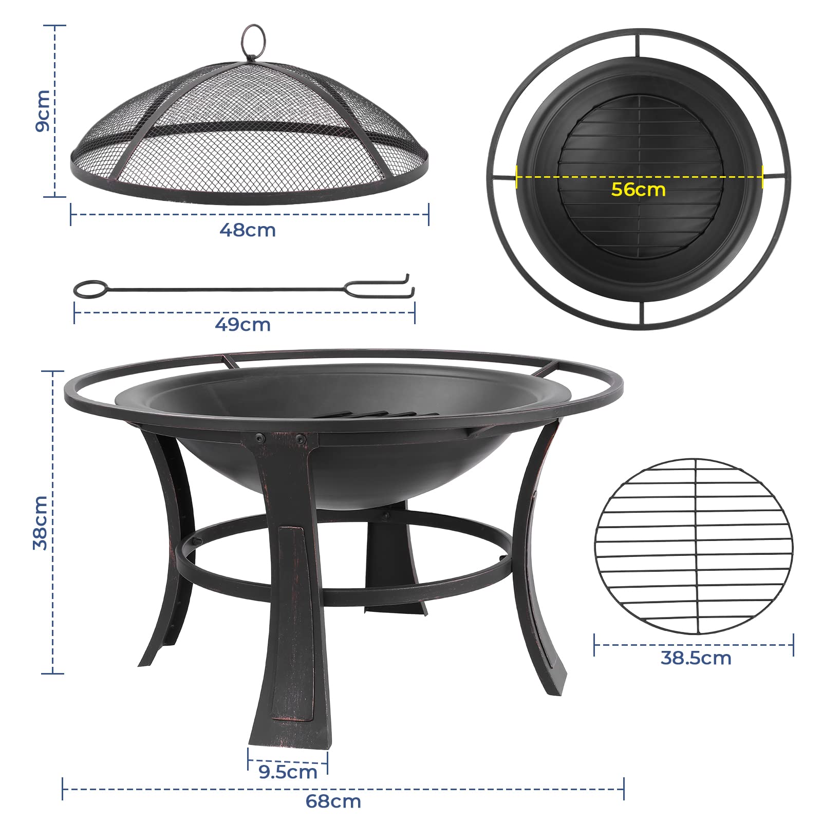 Brasero Rond En Métal Avec Couvercle Pare-Étincelles - 54x39 Cm - Pour Jardin, Terrasse, Camping (Noir)
