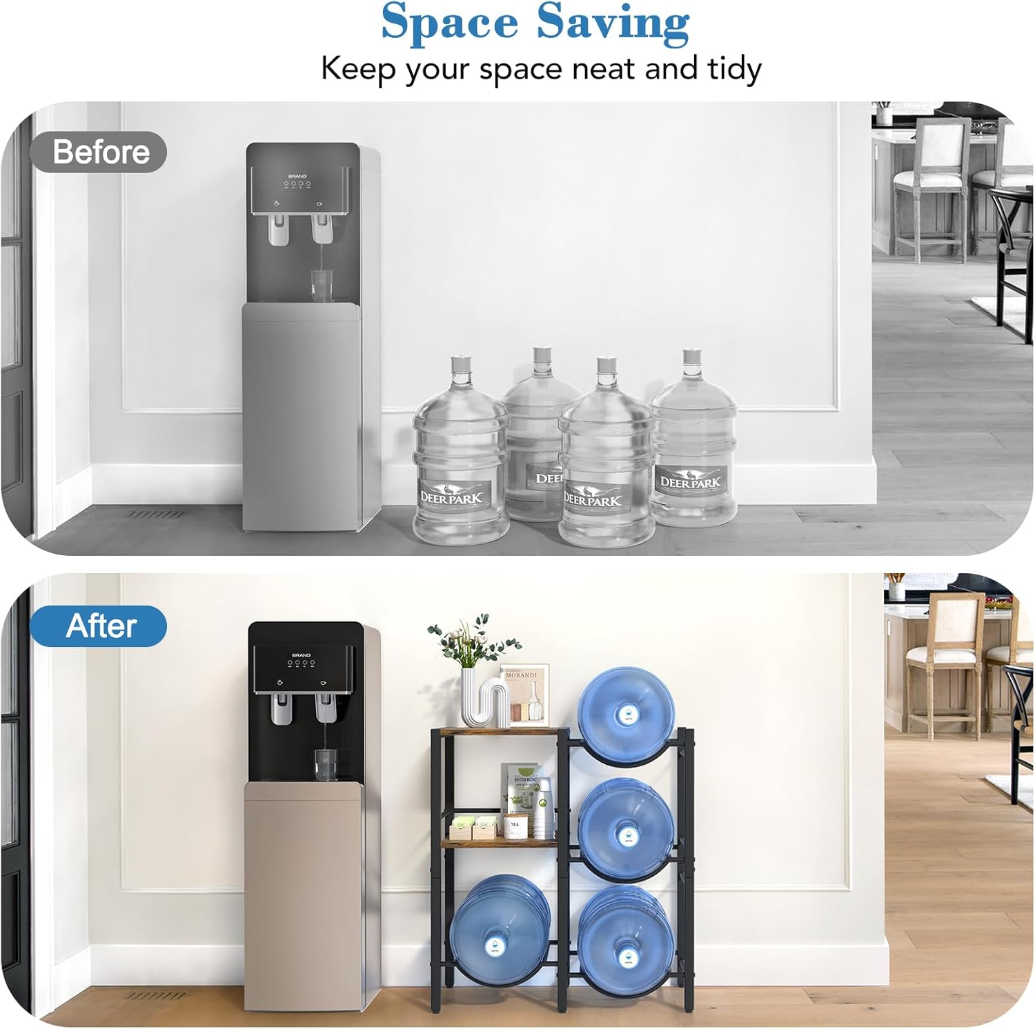 VINAEMO 5 Gallon Water Jug Holder, Water Jug Stand with Wood Storage Shelves, 5 Gal Water Bottle Holder Storage Rack with Water Dispenser Stand for Home/Office/Garage Organizer (Rustic Brown Wood)