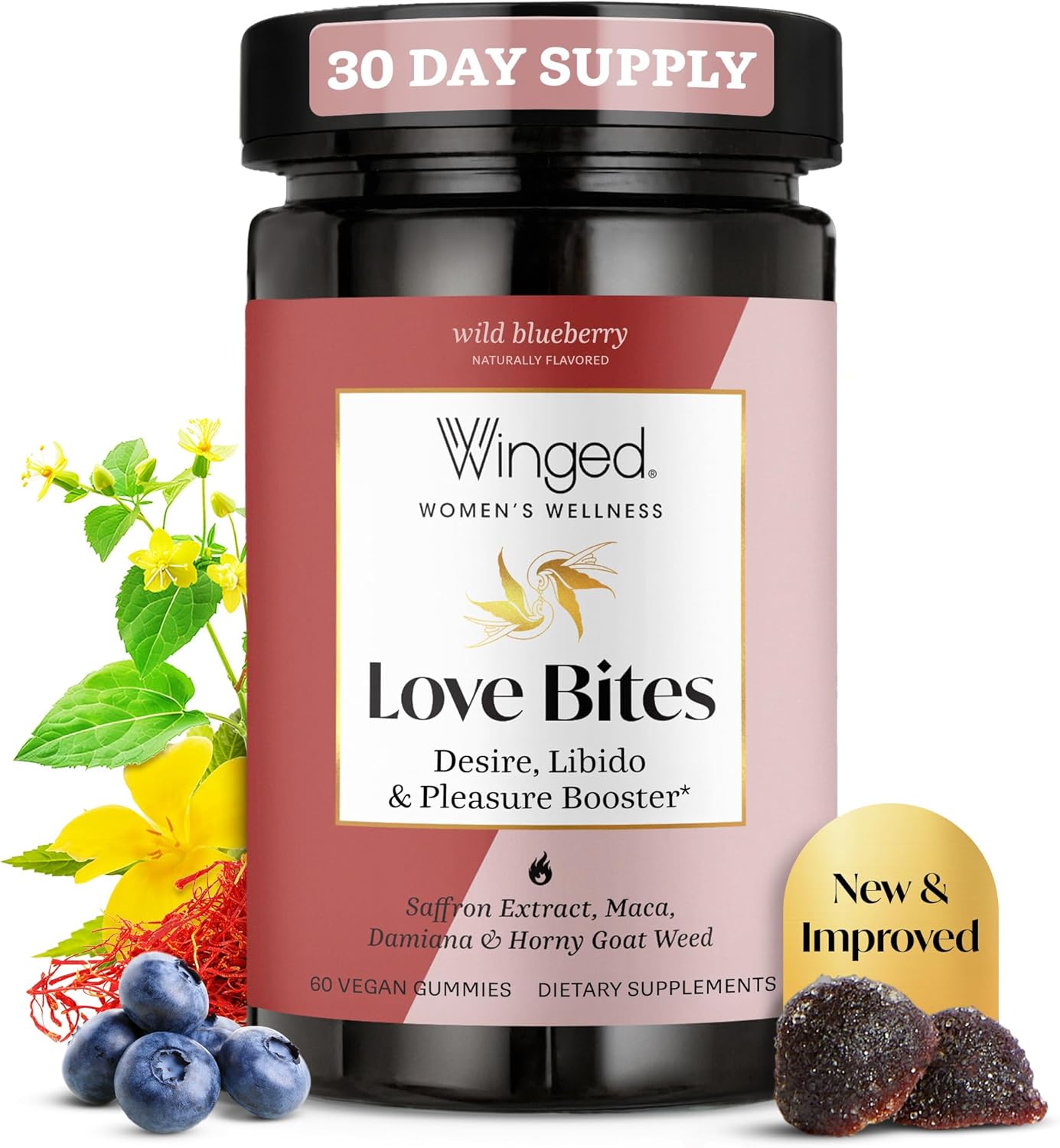 Winged Wellness Love Bites, Libido Booster for Women with Maca Root – Libido & Pleasure Booster with Horny Goat Weed & Damiana – Natural Aphrodisiac Gummy Supplement – Wild Blueberry, 60 Vegan Gummies