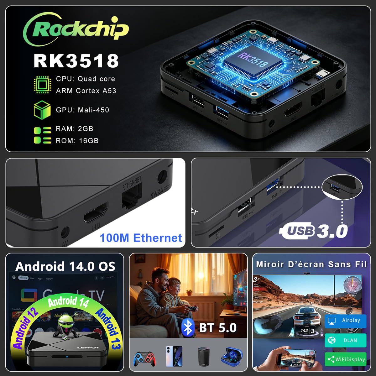 4K - Custodia Android TV, LEFFOT Android 14.0 TV Box 2026, 2GB RAM + 16GB ROM | Custodia IP-TV Streaming con controllo vocale, WiFi 6, BT 5.4, USB 3.0 HDR10, RK3518 Quad-Core A53