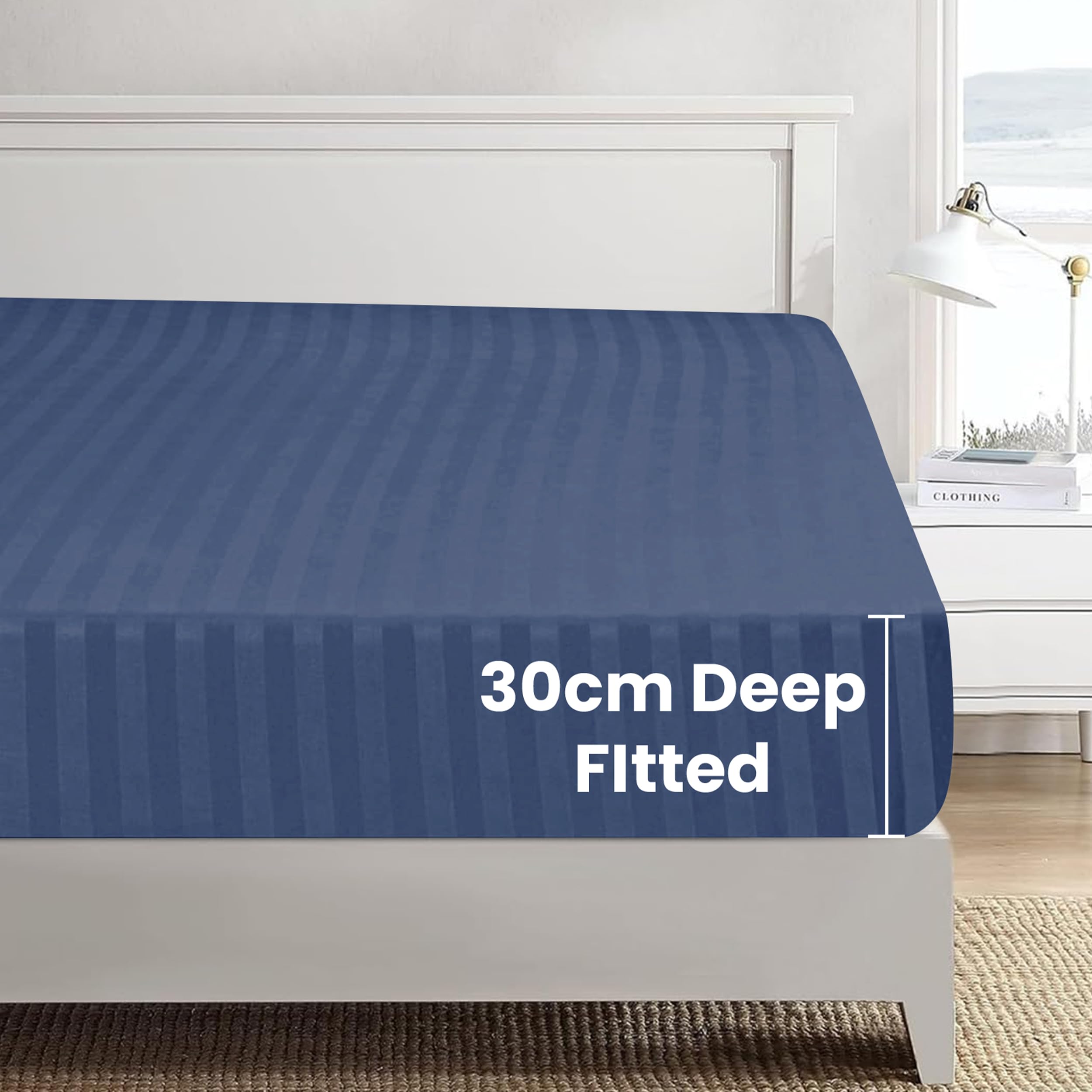 My home store Navy Double Duvet Cover Set 4 Pcs Satin Stripe Duvet Covers Soft Brushed Microfiber Bedding Set including Fitted Sheet 30 CM Deep & 2 Pillowcases - Image 3