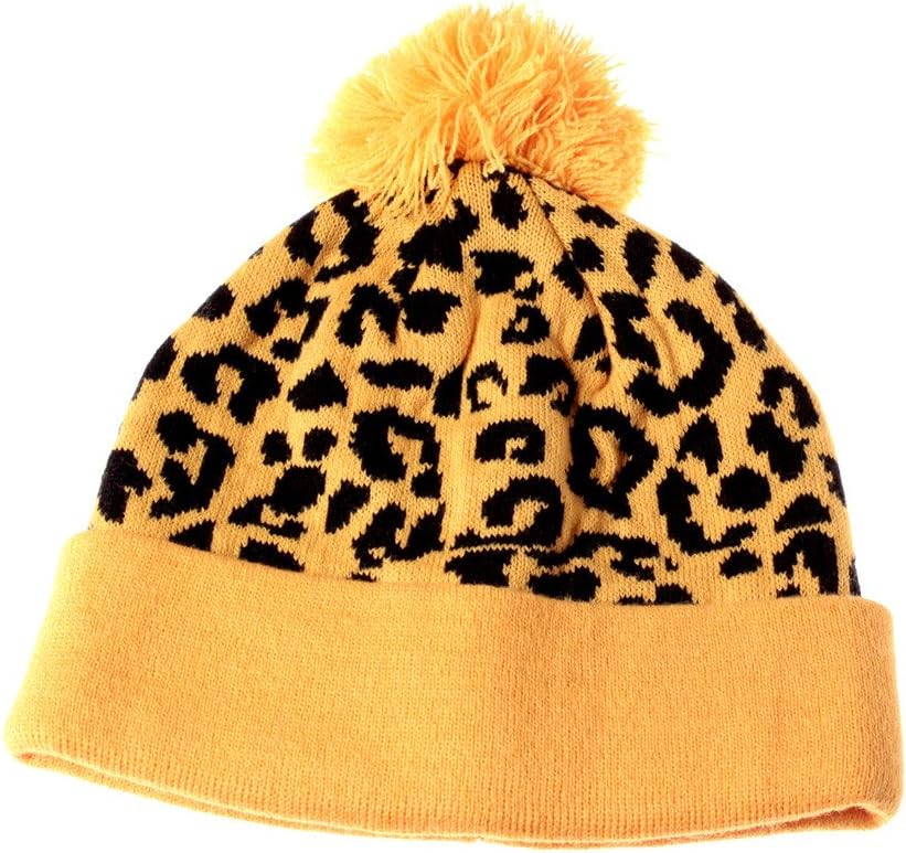 Yellow Cheetah Pom Beanie Leopard Print Pattern Cuffed Knit Hat Winter Cap