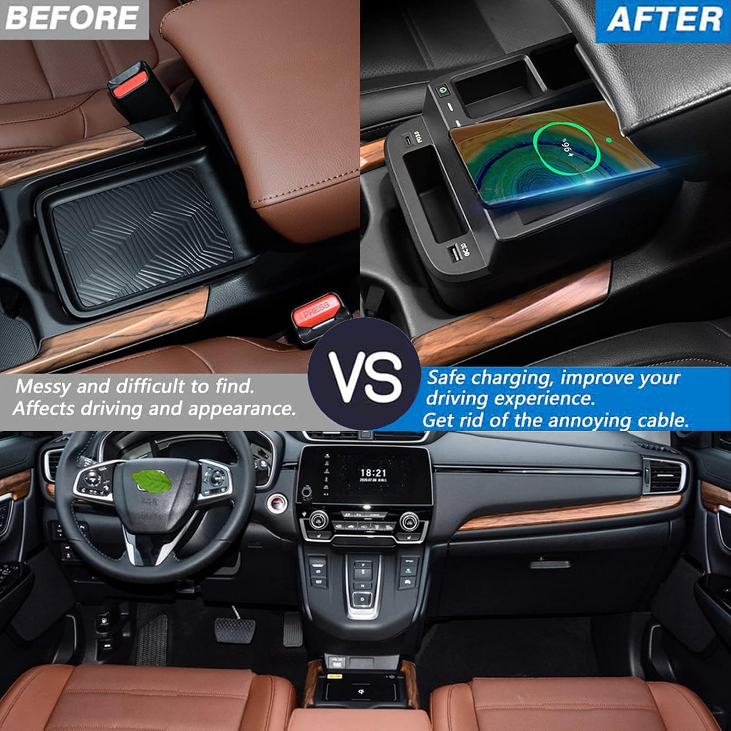 justgjs car wireless charger mount fit for honda crv 2017 2021 center console accessory panel qi 15w max with qc3 0 usb compatible %e2%80%8bwith iph