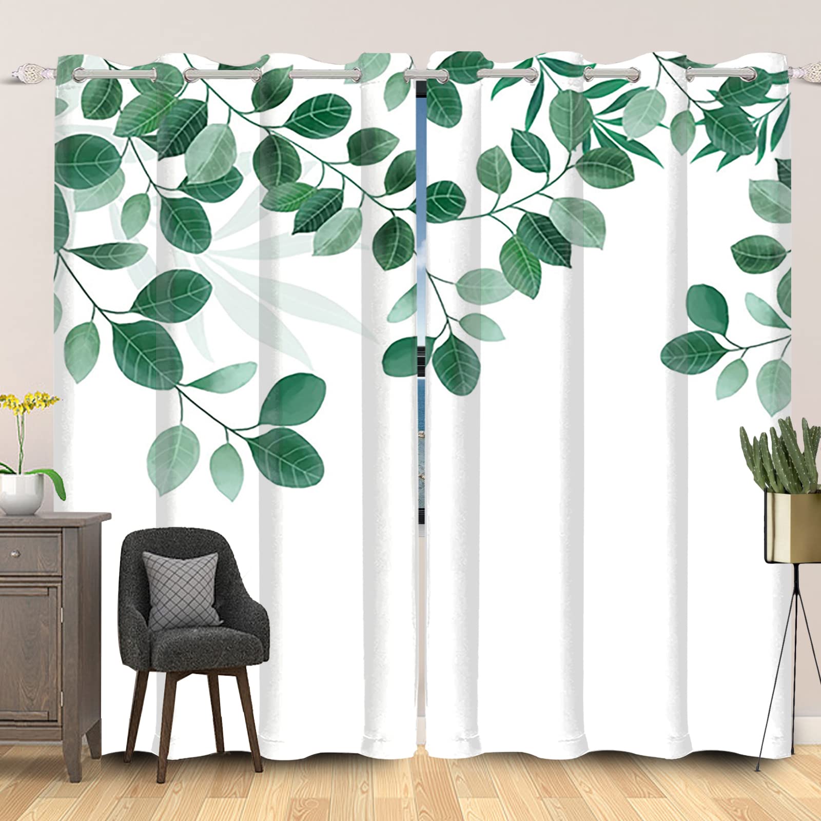 Rideaux occultants haut de gamme blanc naturel motif eucalyptus branches de camphre