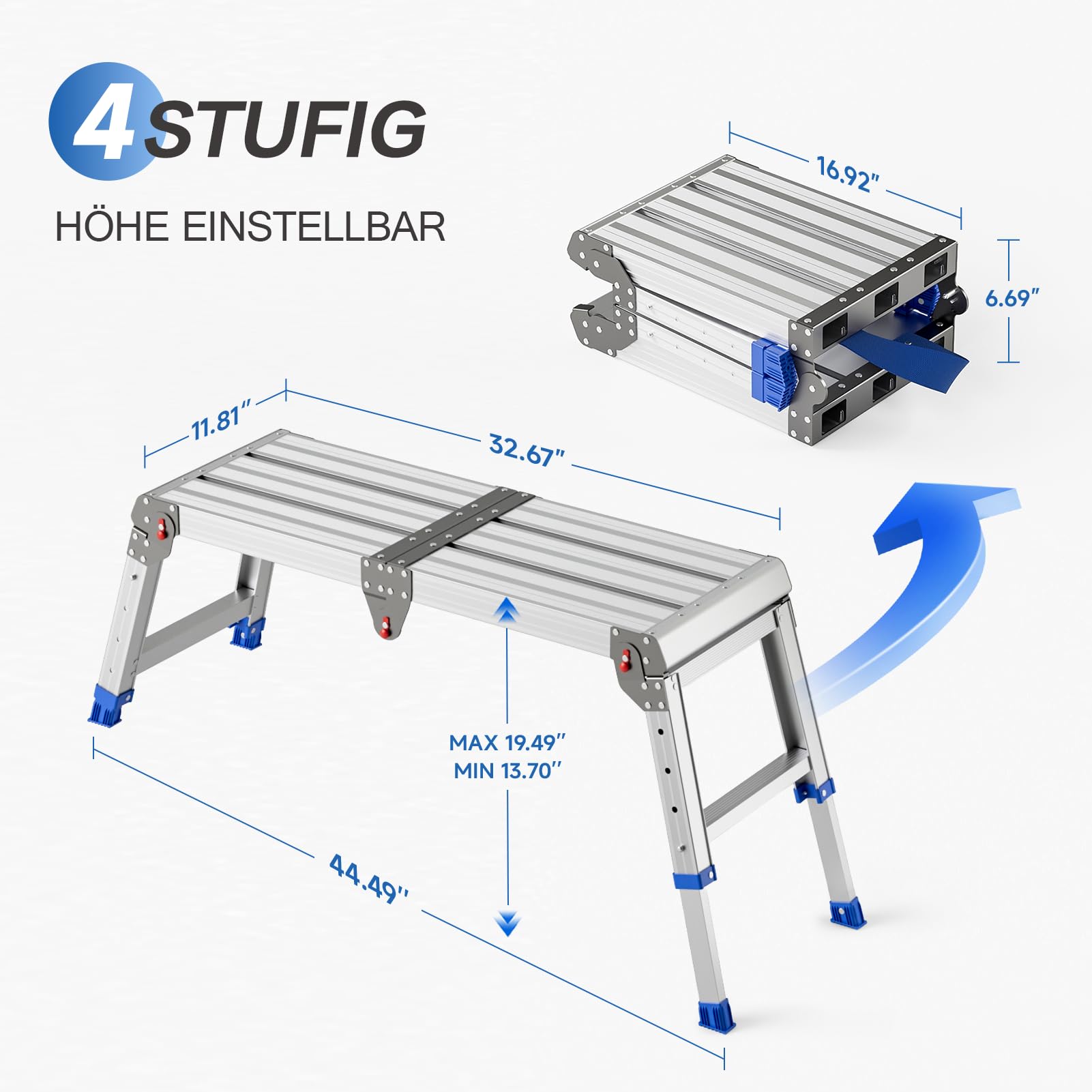 Plataforma de trabajo plegable para adultos, taburete de aluminio plegable, altura ajustable, escalera de aluminio portátil ligera y resistente, capacidad de carga máxima de 500 libras.