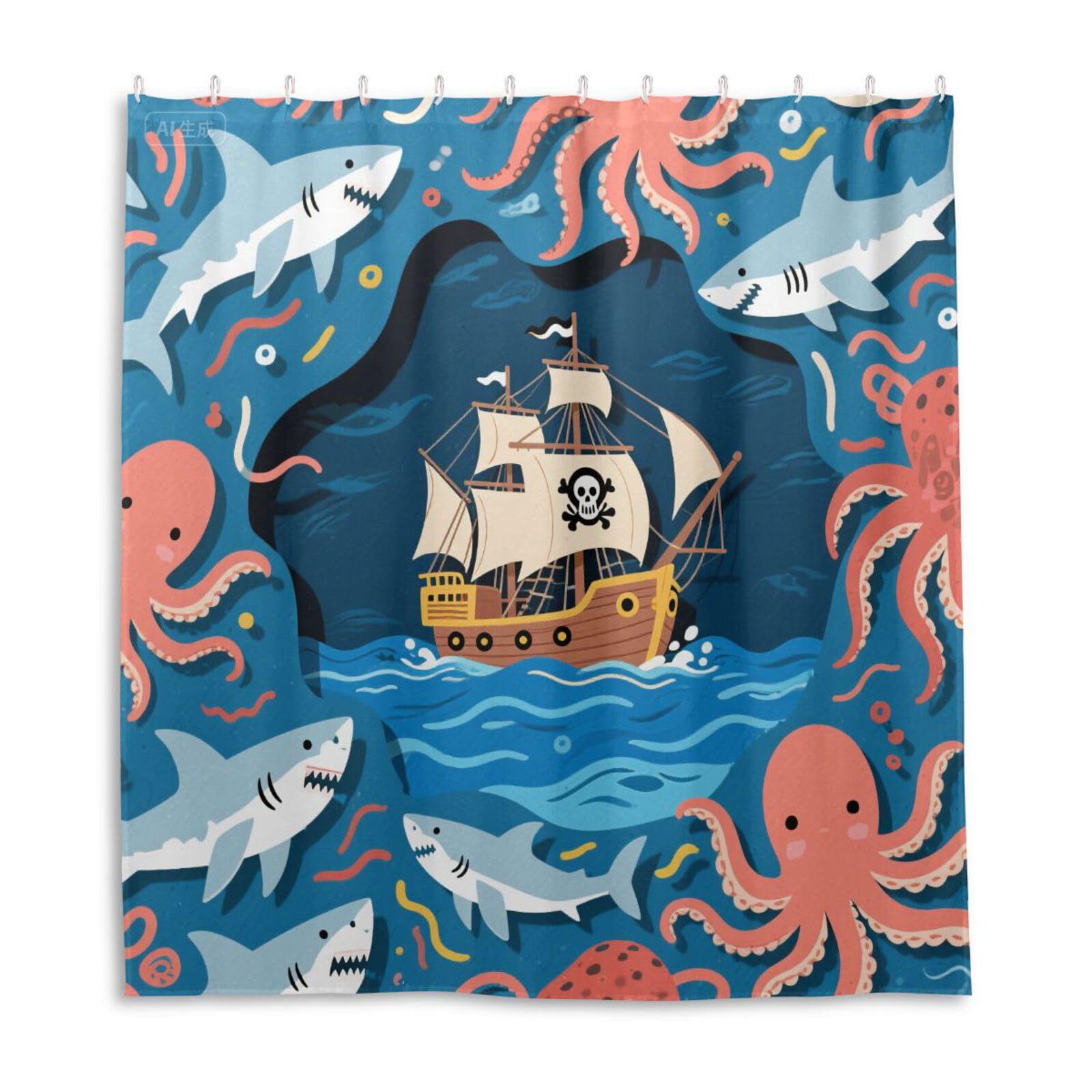 Rideau de douche imperméable polyester grande doublure lavable 168x183cm motif animaux marins