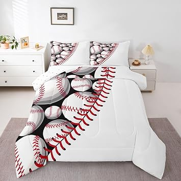 Erosebridal Boys Baseball Comforter Set Twin Size - Sports Theme Baseball Bedding Sets for Kids Teen Girls, Red Black White Patchwork Quilt, Ball Gaming Bedroom Decor with 1 Pillowcase