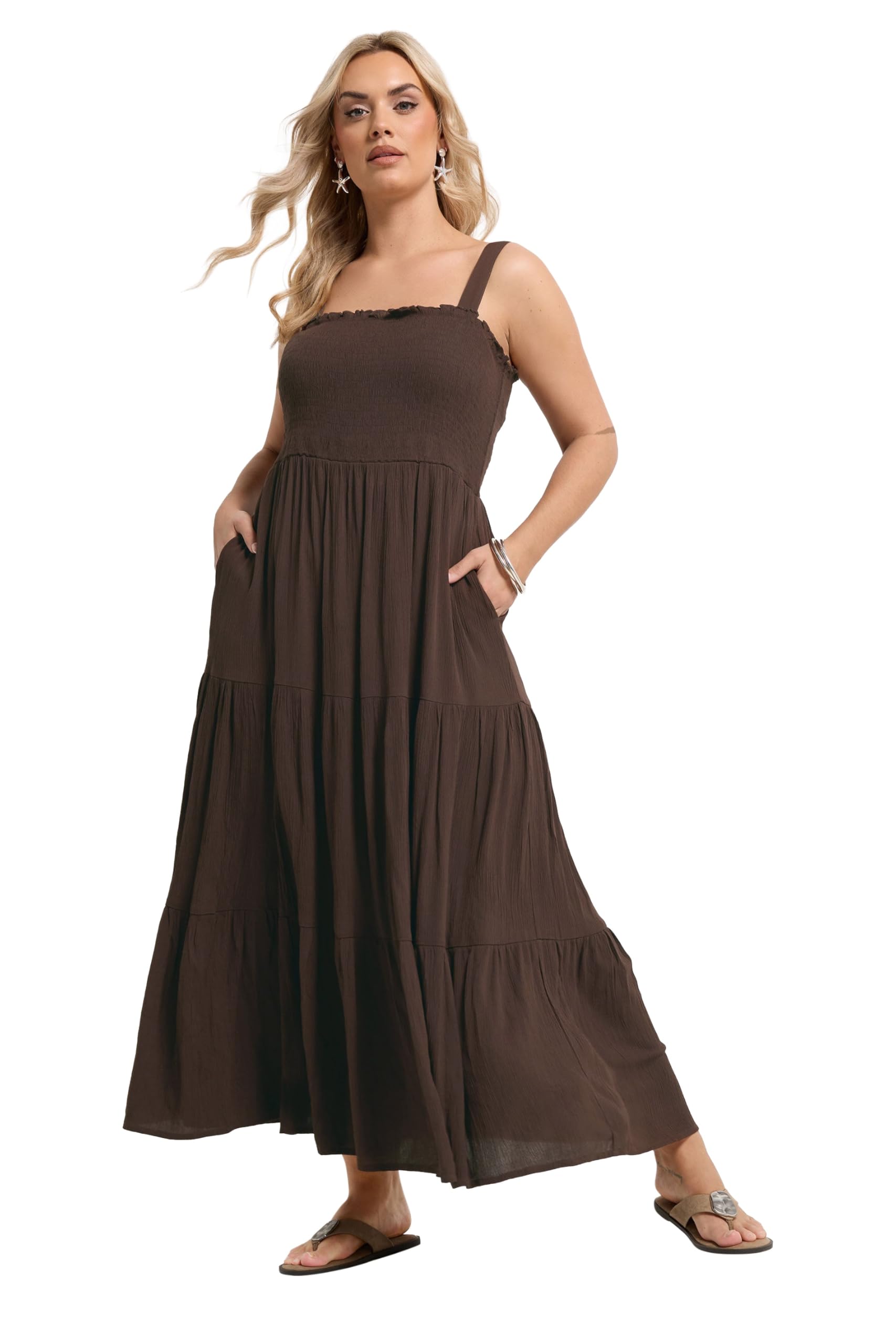 Yours Curve Brown Shirred Maxi Dress - Women's - Plus Size Curve
