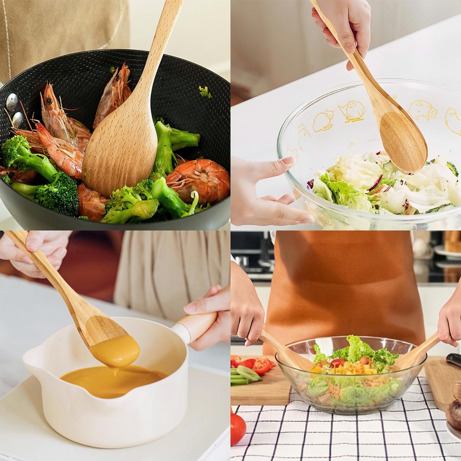 2 cucharas de madera de bambú para cocinar, cuchara de esquina de madera, espátula de bambú, con ganchos adhesivos, cuchara de cocina de madera para cocinar en casa, utensilios de cocina