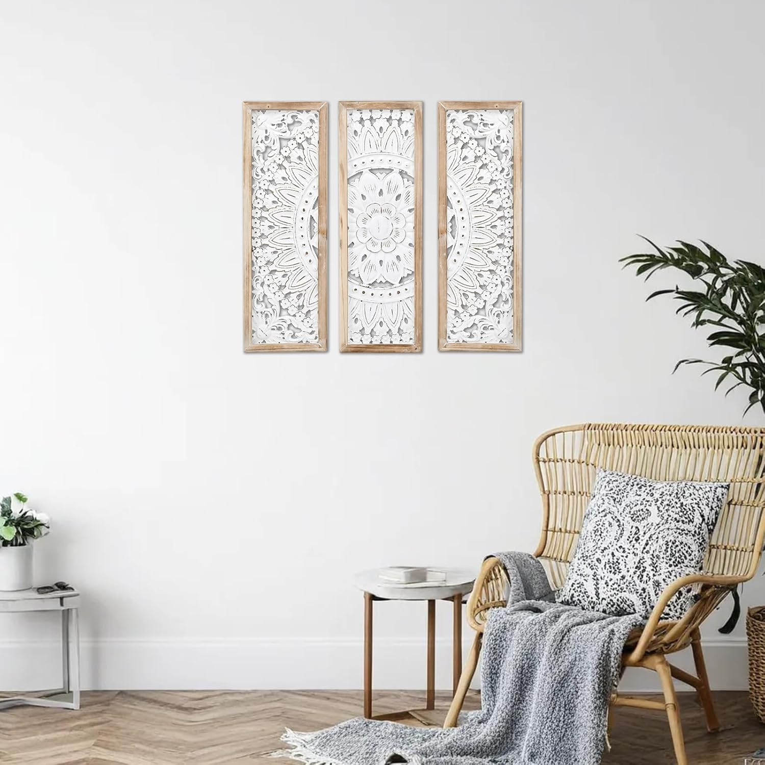 SwallowLiving 3D Layered Mandala Wood Wall Art Set of 3 – 23.6" Large Sacred Geometry Floral Sculptures, Intricately Carved Wood Panels for Meditation Room, Yoga Studio & Boho Decor, Distressed White