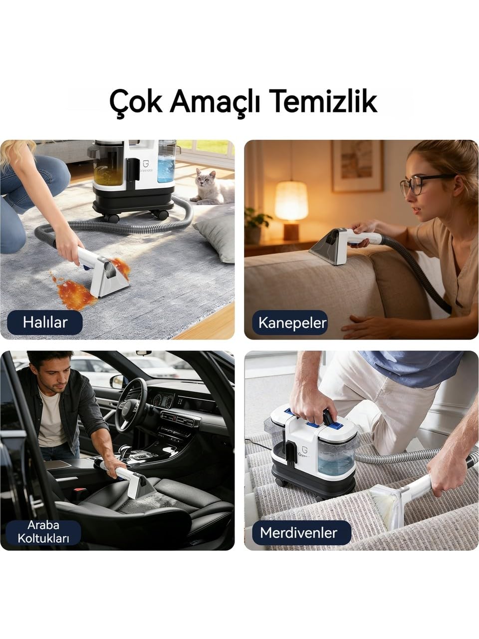 Greenote Halı/Koltuk Yıkama Makinesi ve Spot Temizleyici – Sofa, Halı ve Araç İçin Uygun, Güçlü Islak/Kuru Vakum, 1.8 L Su Tankı, Tekerlekli Tasarım