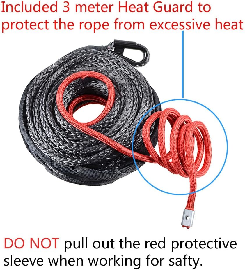 92' x 1/2" Breaking Strength 22000lbs Black Synthetic Fiber Winch Rope Line Cable with Protective Sleeve + Red Heavy Duty Steel Recovery Towing Hook for Car Truck 4x4 Pick-up SUV
