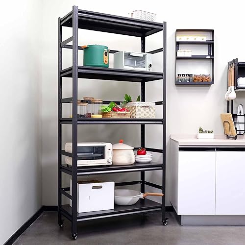 Miniatura 9 de RIDFY Estantes ajustables de cocina de 72 pulgadas de alto con estantería de metal resistente de 5 niveles, estantes de almacenamiento con ruedas