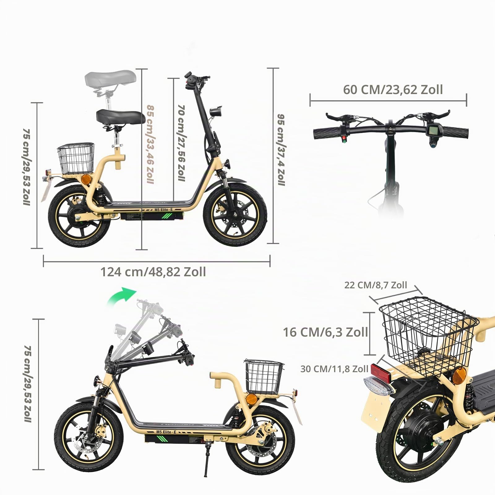 TWOFISH 14 Zoll Elektro Motorrad für Erwachsene, EEC Straßenzulassung, E Moped mit 500W Motor 48V 13Ah Akku, Disc Bremsen Doppelaufhängungg, 30 km Reichweite Max 120kg (Wüstenbeige)