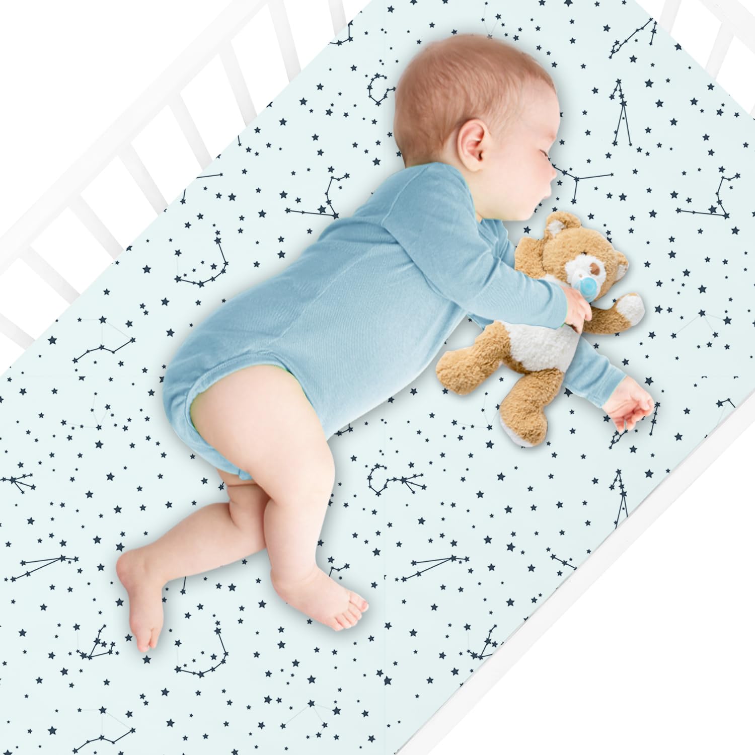 Little Grape Land Juego de 2 Sábanas Ajustables para Cuna 70x140 cm, 100% Algodón con Certificación Oeko-Tex®, Adecuadas para Colchón y Cama Infantil, Unisex para Bebé, Celeste