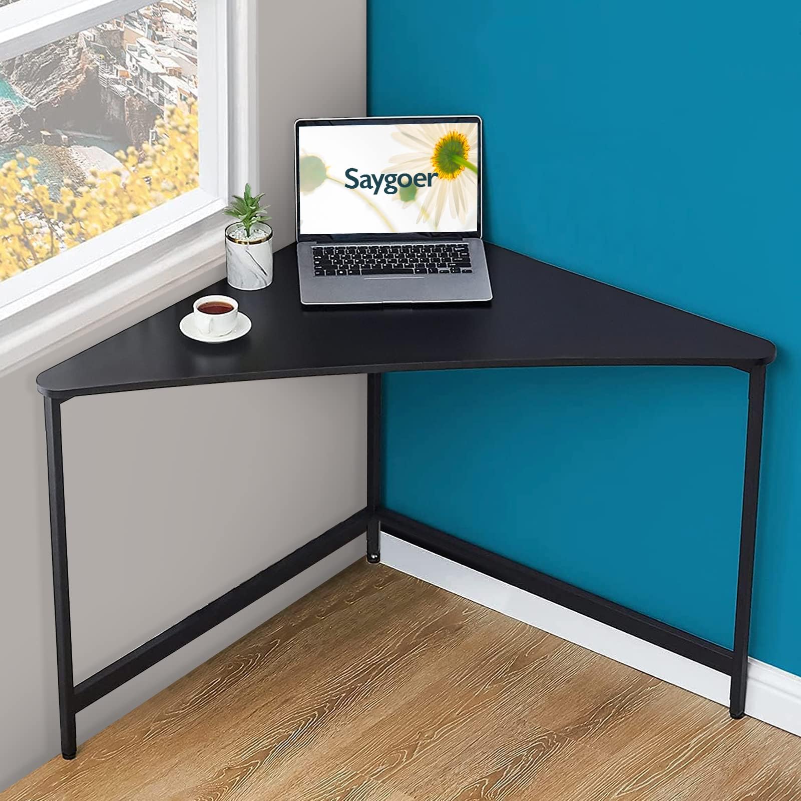SAYGOER Industrial Corner Desk Triangle Computer Desk for Small Spaces Home Office Workstation Laptop Gaming Table Study Writing Student Desk, Black
