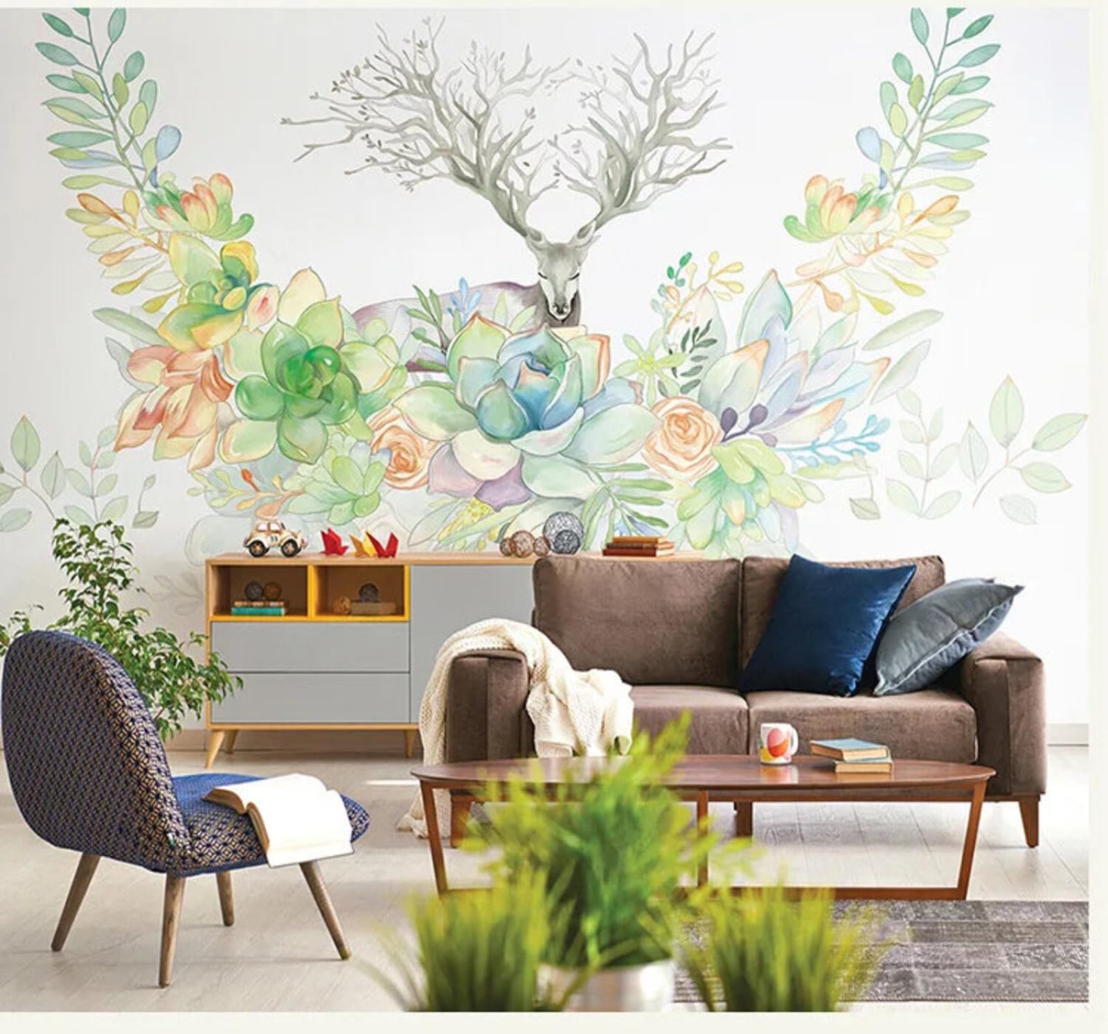 Tzxztt Fresh Watercolour Retro Floral Elk Modern 3D Wallpaper Premium Textured Silk Neutral Tones Material Ideal for Living Room Bedroom-430cm×300cm