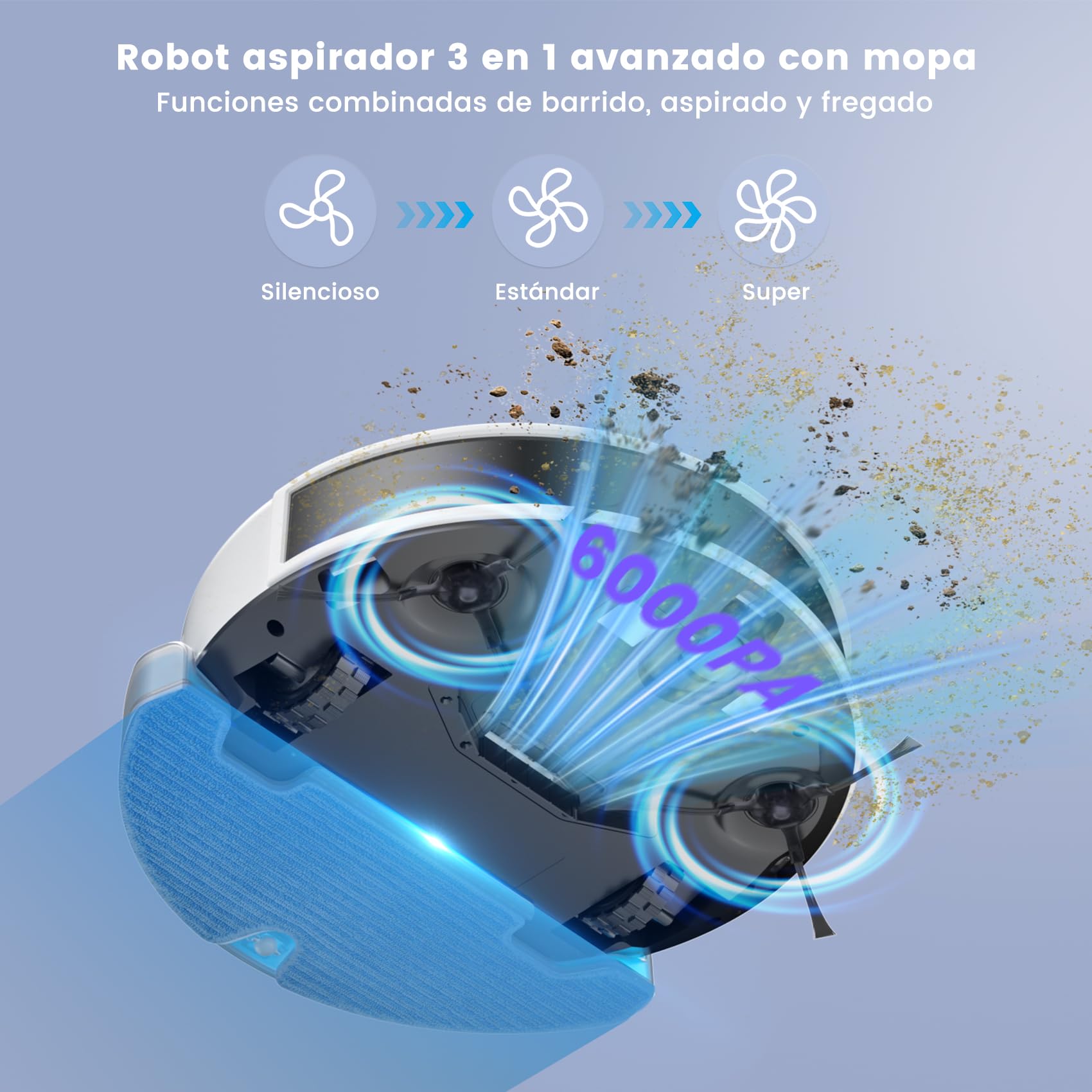 OKP Robot Aspirador y fregador, 6000 Pa,Depósito de Agua de 200 ML, 150 Mins Máx, Navegación LiDAR y Tecnología PSD190°, App/Alexa/Google, para Suelos Duros y Pelo de Mascotas, L6 Aqua Blanco