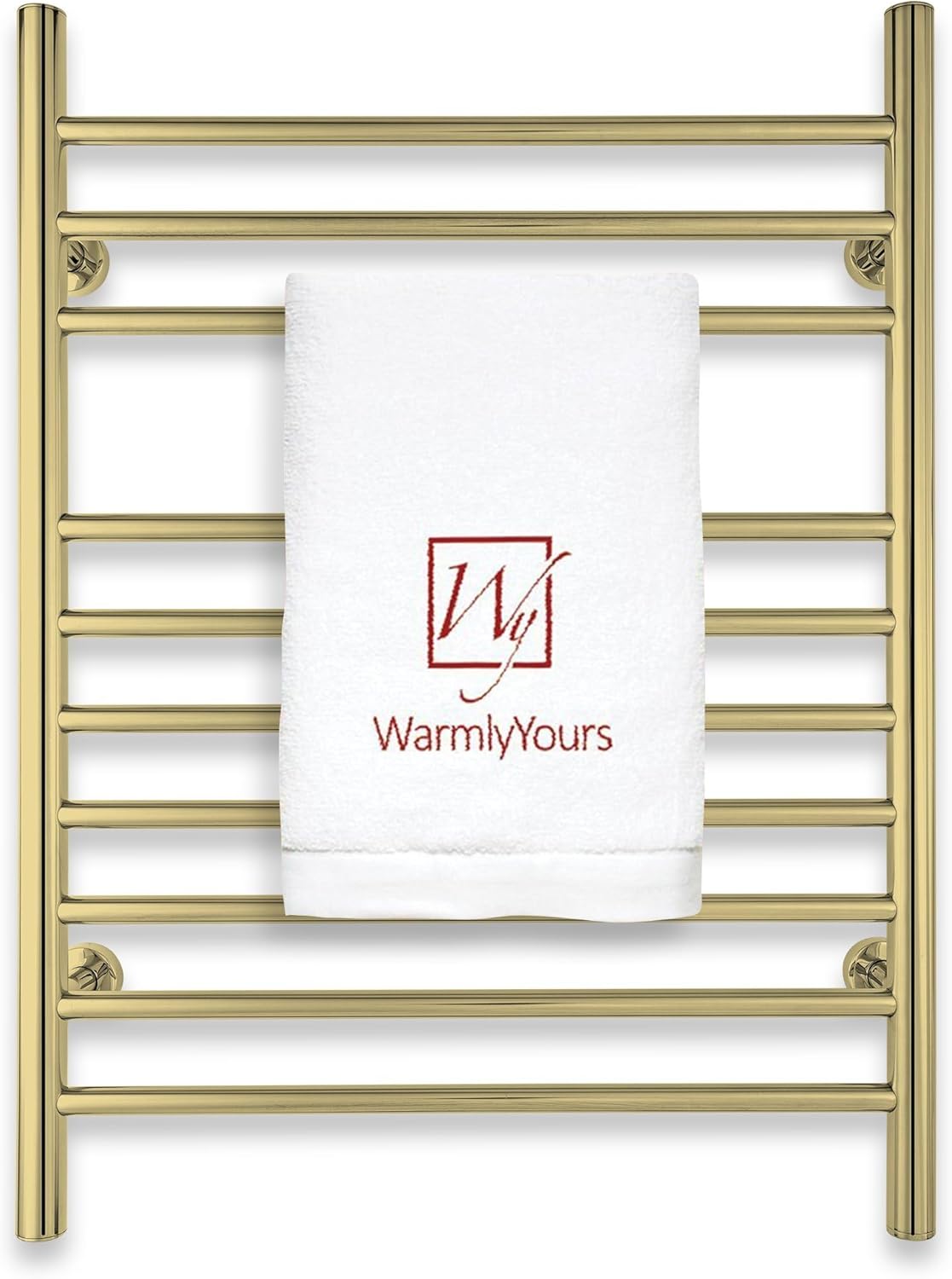 Heated Towel Rack, 10-Bar Wall-Mounted Electric Towel Warmer, Polished Gold, Plug-in or Hardwired, Luxury Bathroom Accessory for Warm, Dry Towels (WarmlyYours Infinity)