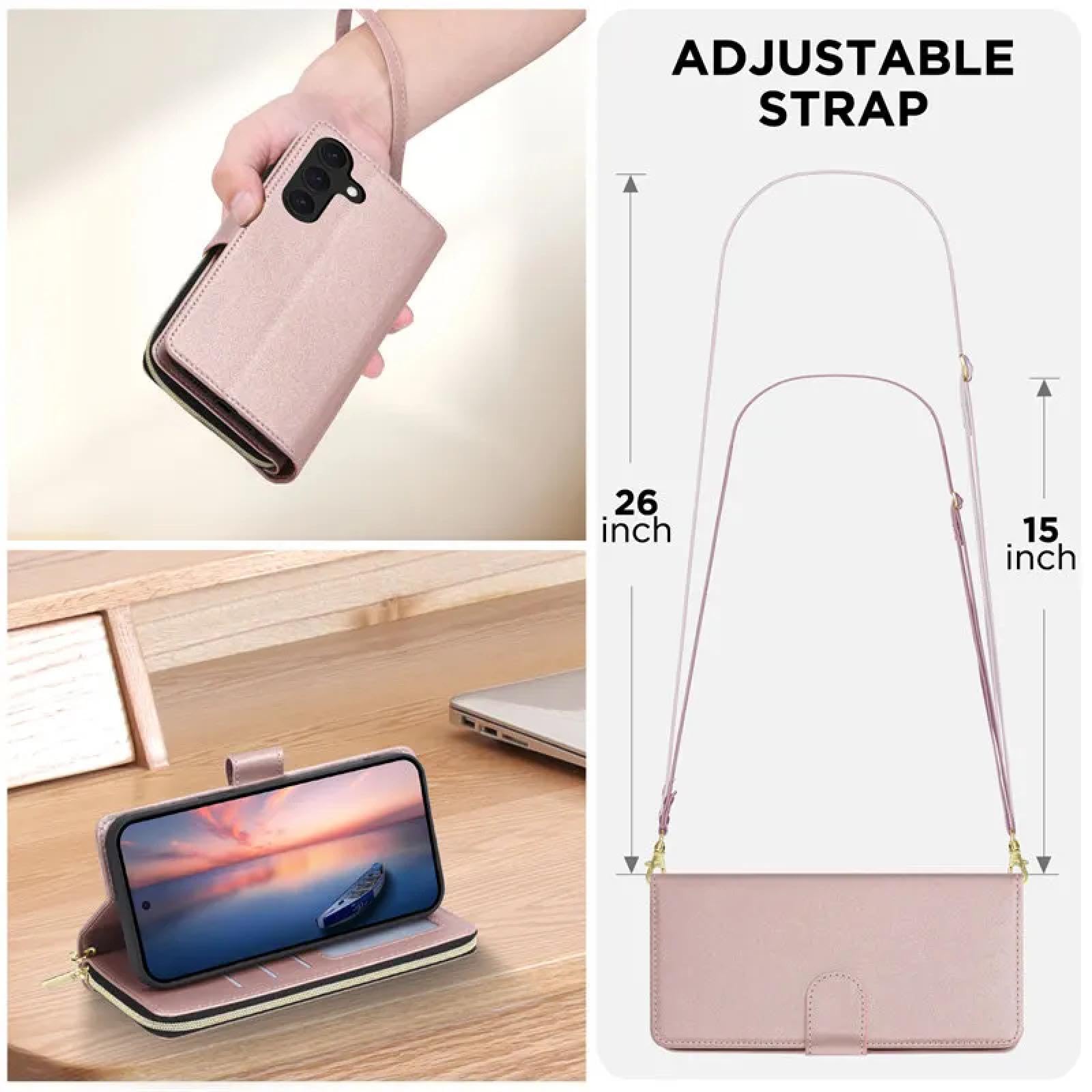 Per Samsung A06 Portafoglio in pelle con cerniera e porta carte di credito, con tracolla e laccio, custodia a ribalta (per Samsung A06/blu)