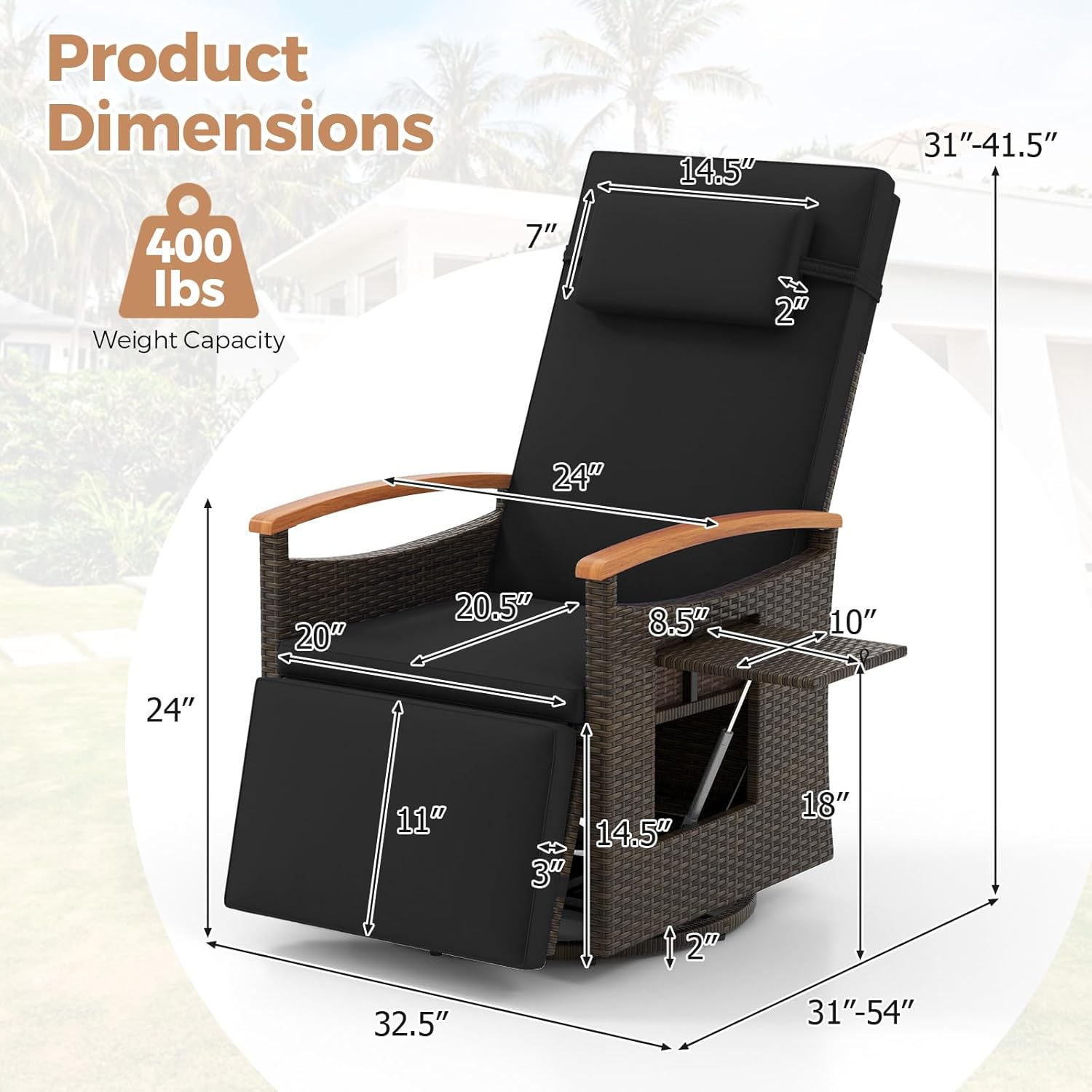 Diagram showing detailed product dimensions and weight capacity of the recliner chair