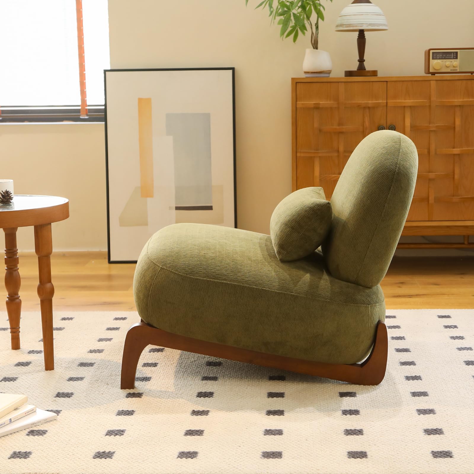 Gemütlicher Samt Sessel Wohnzimmer, Niedlicher Armlehnloser Loungesessel mit Massivholzbeinen, Lesesessel Schlafzimmer für Wohnung, Balkon, Wartezimmer (grün)