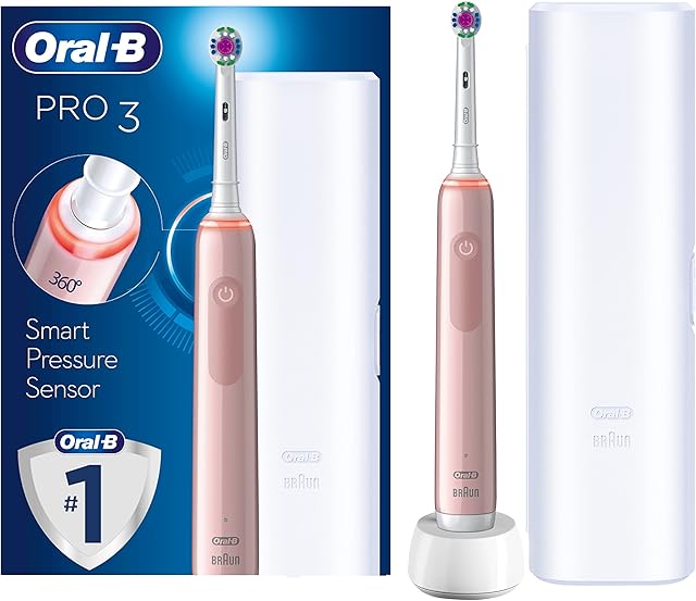 Oral-B Pro 3 Electric Toothbrush with Smart Pressure Sensor, 1 3D White Toothbrush Head & Travel Case, 3 Modes with Teeth Whitening, Gifts for Men/Women, 2 Pin UK Plug, 3500, Pink