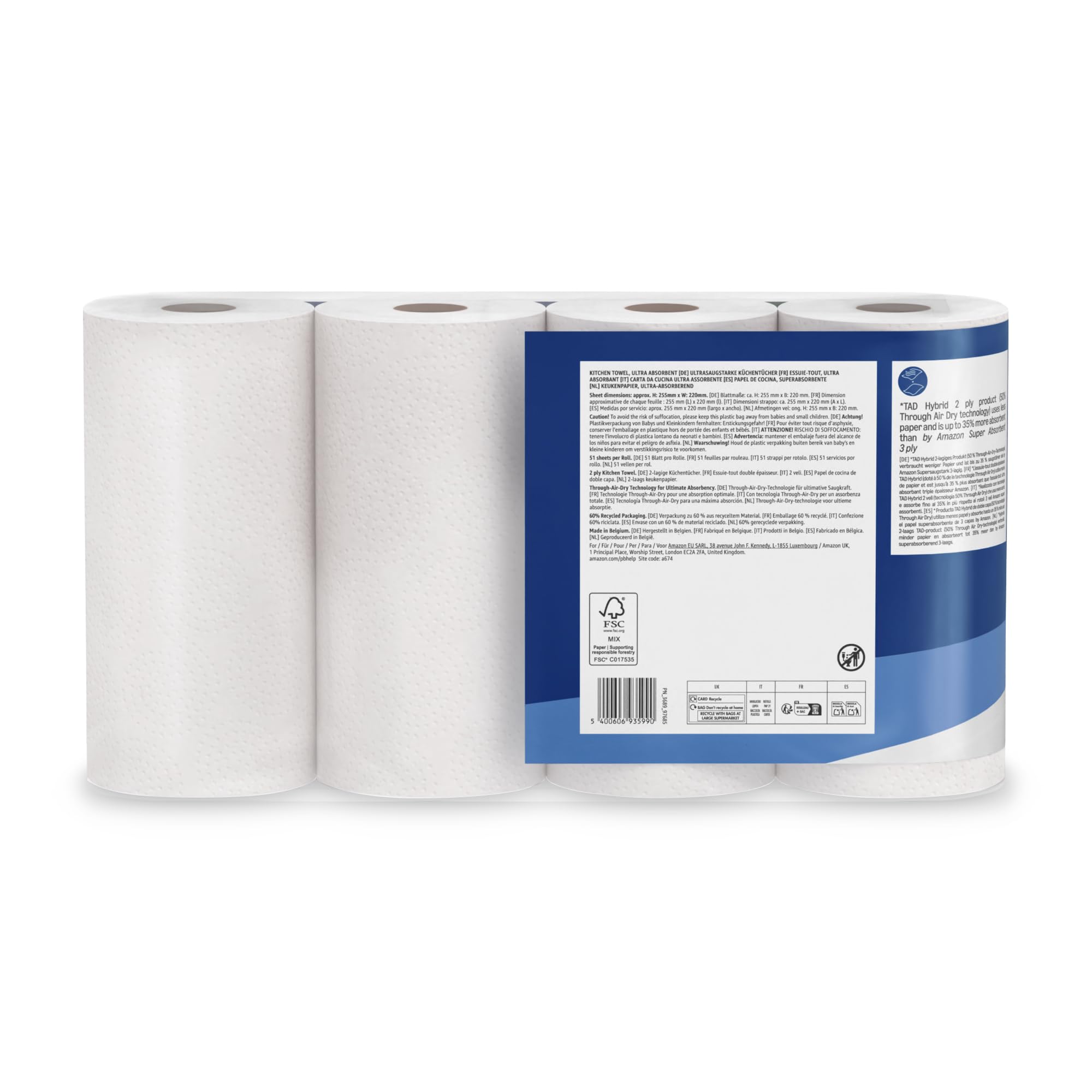 by Amazon Rollo de Cocina TAD Ultraabsorbente, 4 Rollos (Paquete de 1), 51 Hojas por Rollo, Certificado FSC
