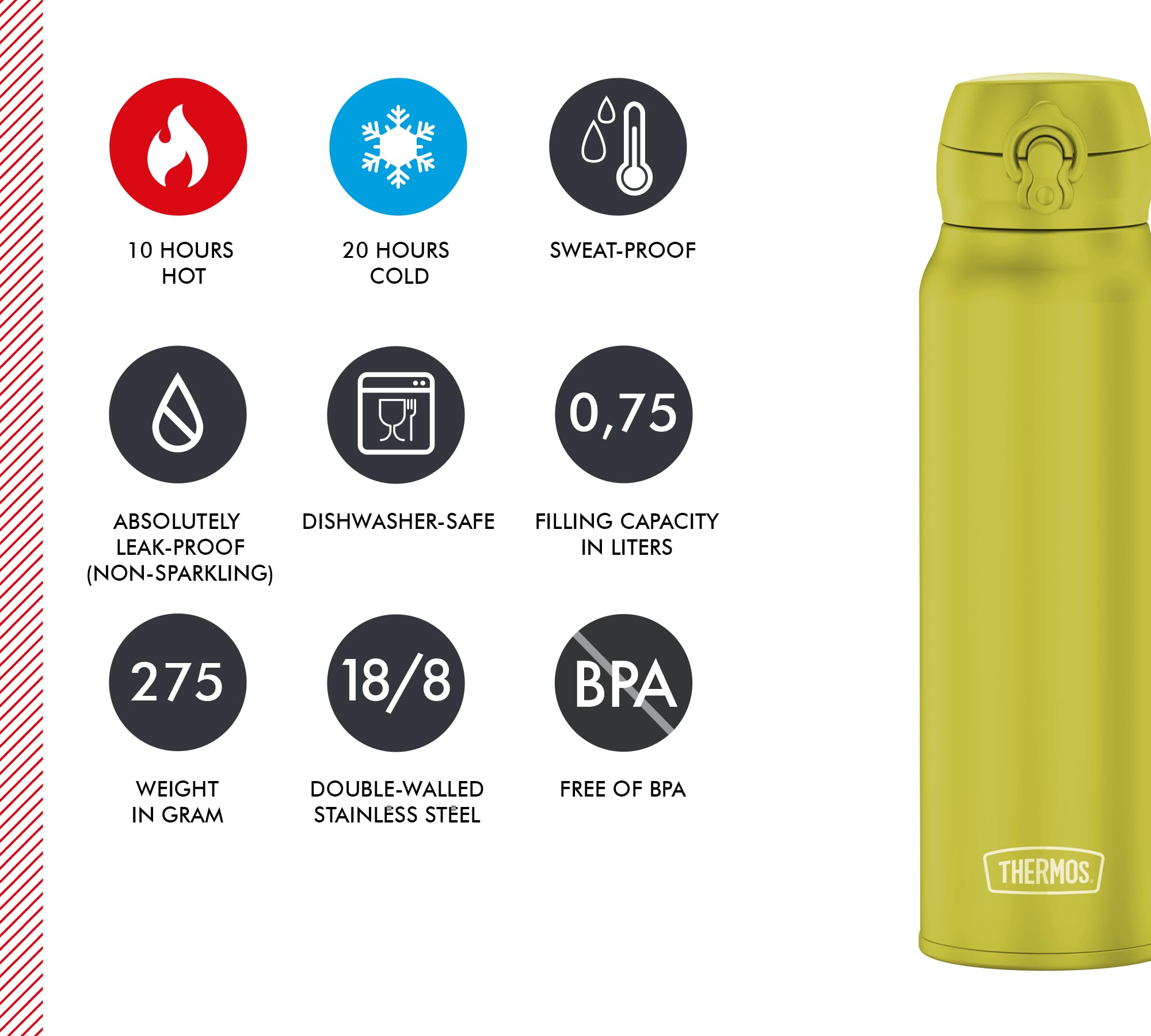 THERMOS ULTRALIGHT BOTTLE 0,75 l, błyszczący zielony mat, termos ze stali nierdzewnej, 10 gorących/zimnych 20 h, absolutnie szczelny, do wody, herbaty, napojów niegazowanych