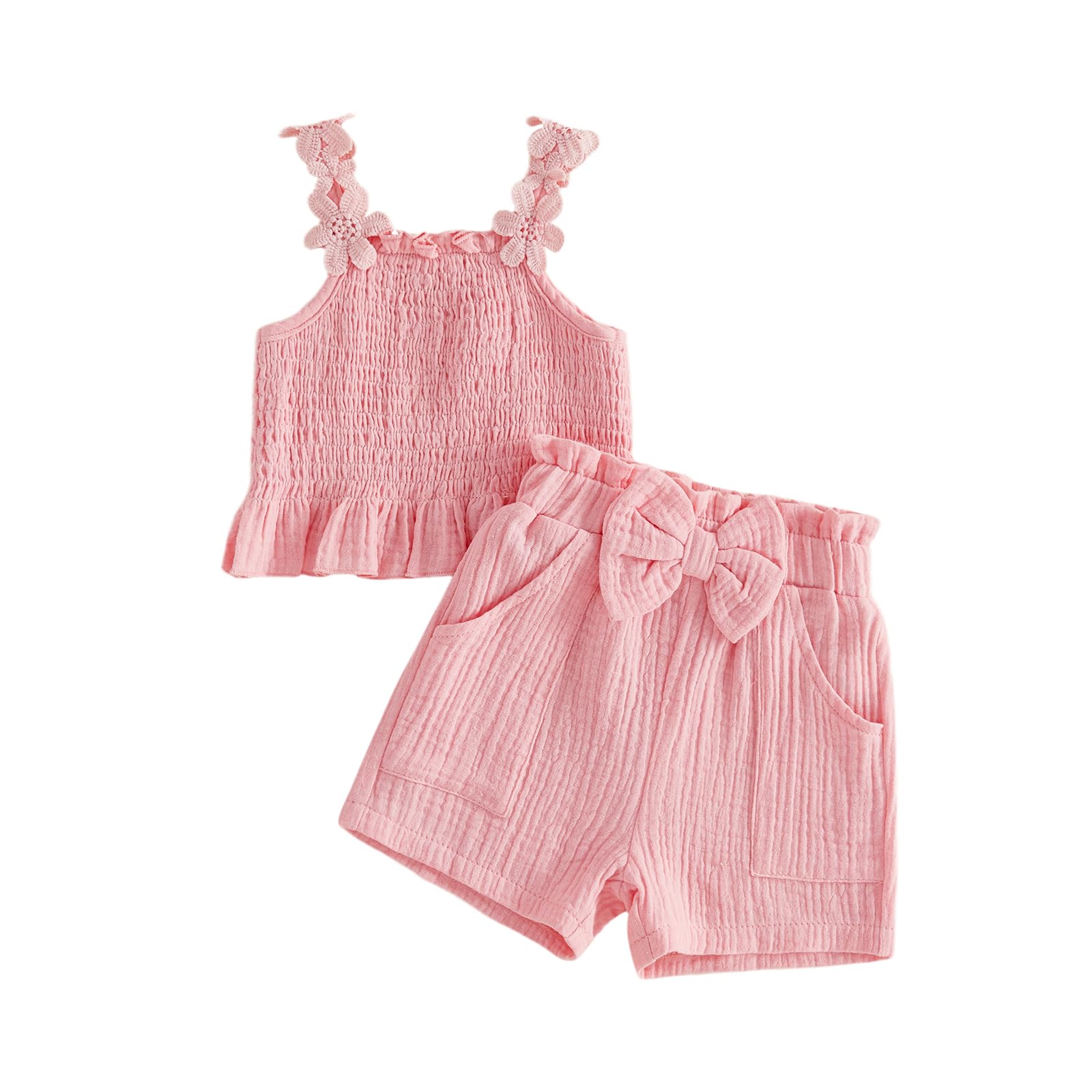 Toddler Baby Girl Clothes Summer Linen Outfit Sleeveless Tie Up Tank Tops+Ruffled Shorts Little Girls 2 Pieces