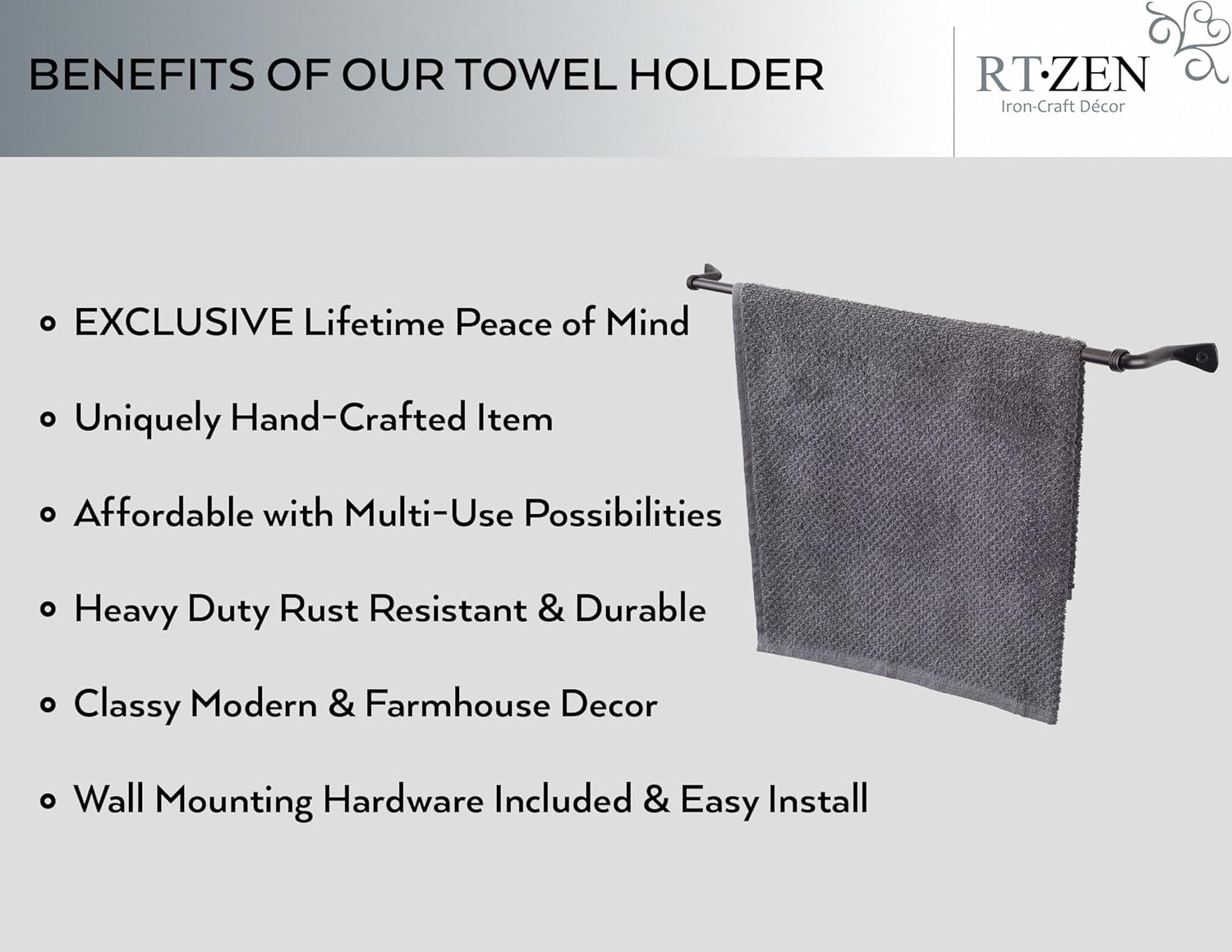 RTZEN Farmehouse Bathroom Towel Holder - Wrought Iron Matte Metal Black Towel Bar Wall Mount Rod - Handmade Home Decor Metal Kitchen Hanger Bar (26'' - Fits 24 Inch Towels)