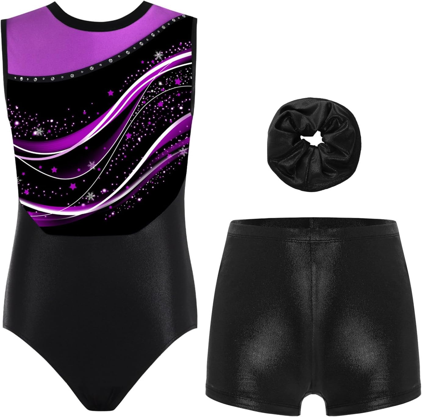 Kids Girls 3 Pieces Gymnastics Dance Outfit Sleeveless Stylish Print athletic Bodysuit with Shorts Hair Band Set