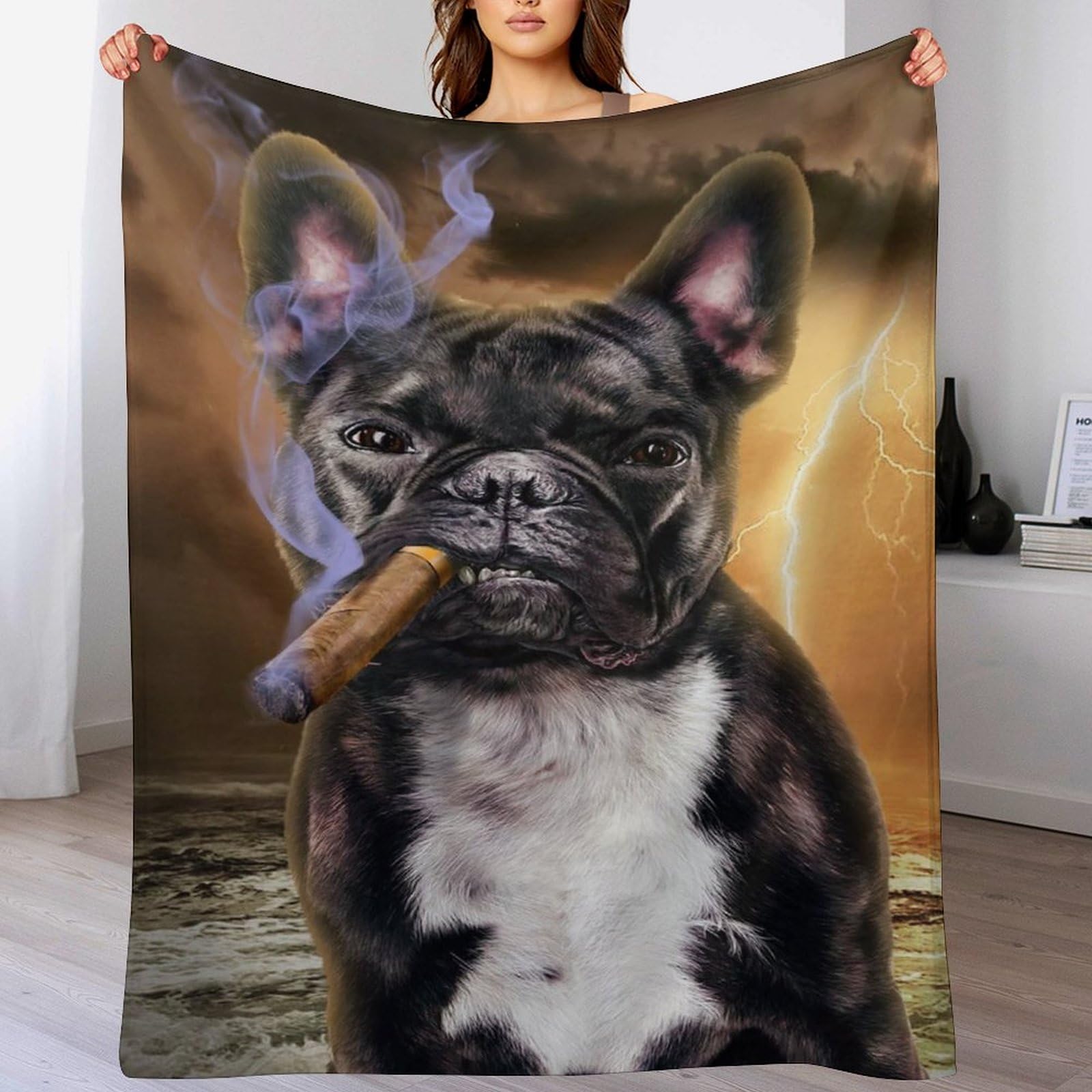 Couverture Polaire Douce Bouledogue Français Cigare Plaid Canapé Lit 130x150
