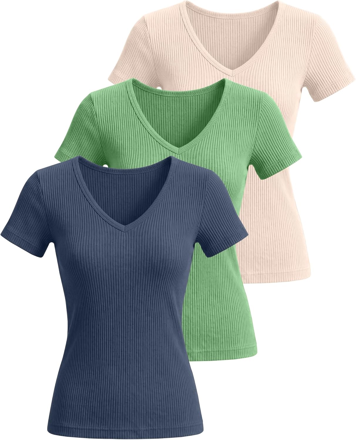 Ficerd 3 Pack Women's Short Sleeve Cotton T-Shirts V Neck Ribbed Slim Fit Tops Ladies' Casual Summer Basic Tee - Image 3