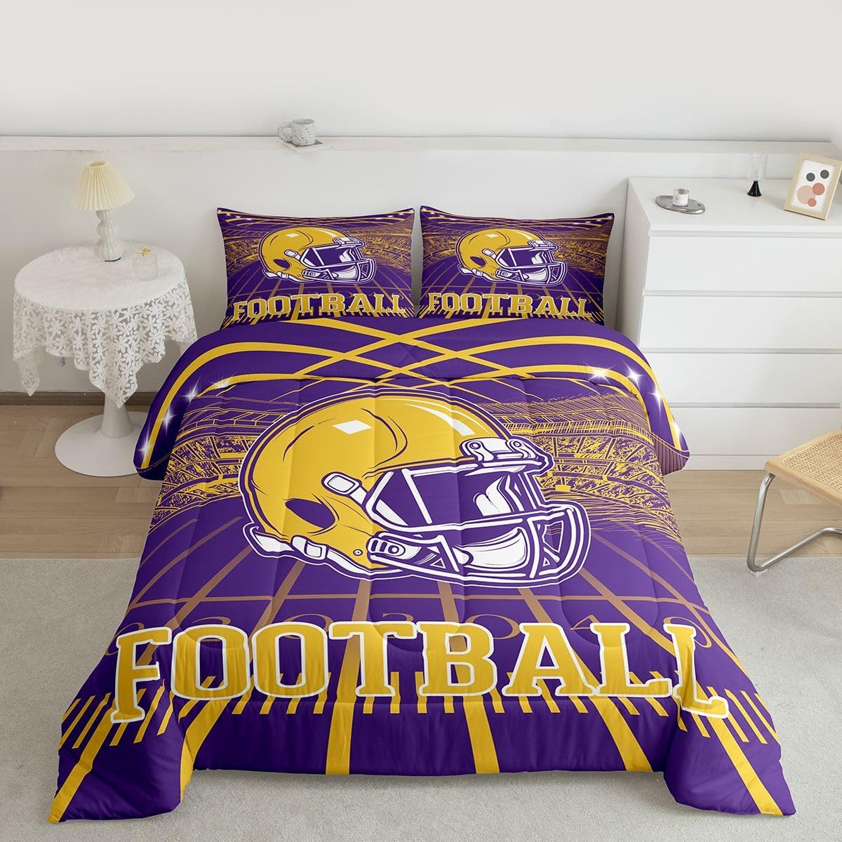 Erosebridal Football City Bed Set Rugby Football Seasonal Color Bedding, 3D Sports Fan Gifts Comforter Set Purple and Yellow Rugby Helmet Duvet Insert Twin Size with 1 Pillowcase