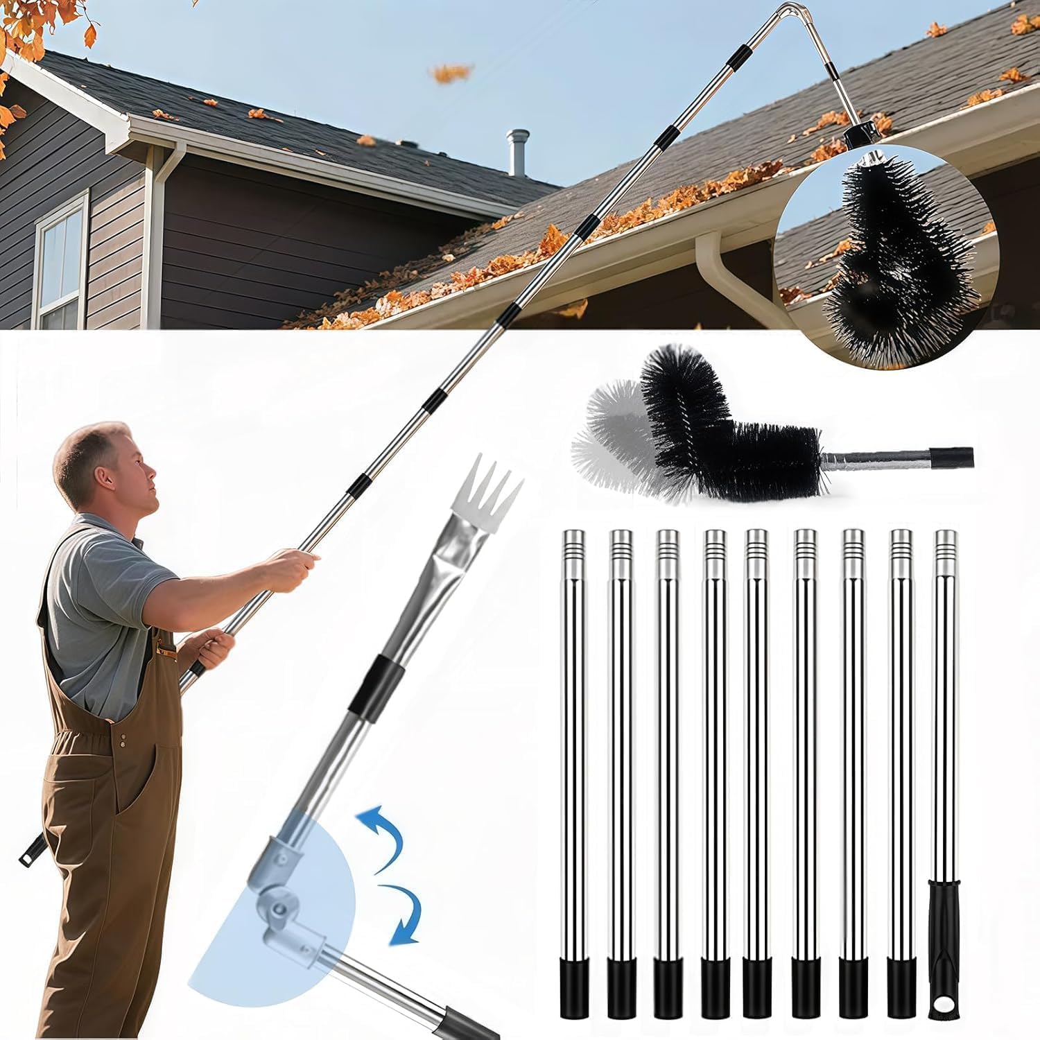 13FT Gutter Cleaning Tool from The Ground, No Ladder Needed - Adjustable Length Gutter Cleaner Pole with 180° Pivoting Head, Replaceable Brush & Shovel for Leaves, Debris