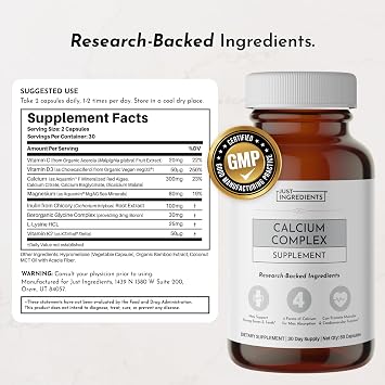 Calcium Complex 60Capsule Featuring Aquamin Red Algae, Calcium Citrate, Bisglycinate & Malate, Vitamin D3 (VegD3) & K2 (K2Vital), Vitamin C, Boron & LLysine Optimized Absorption & Bone Health