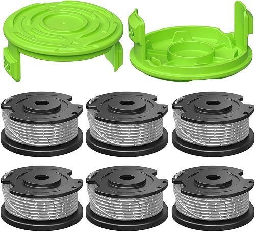 String Trimmer Spool Compatible with Greenworks Weed Wacker | 0.065 Inch 16Ft Durable Single Line Auto-Feed Trimmer String for Greenworks Weed Eater (6 Trimmer Spools, 2 Caps)