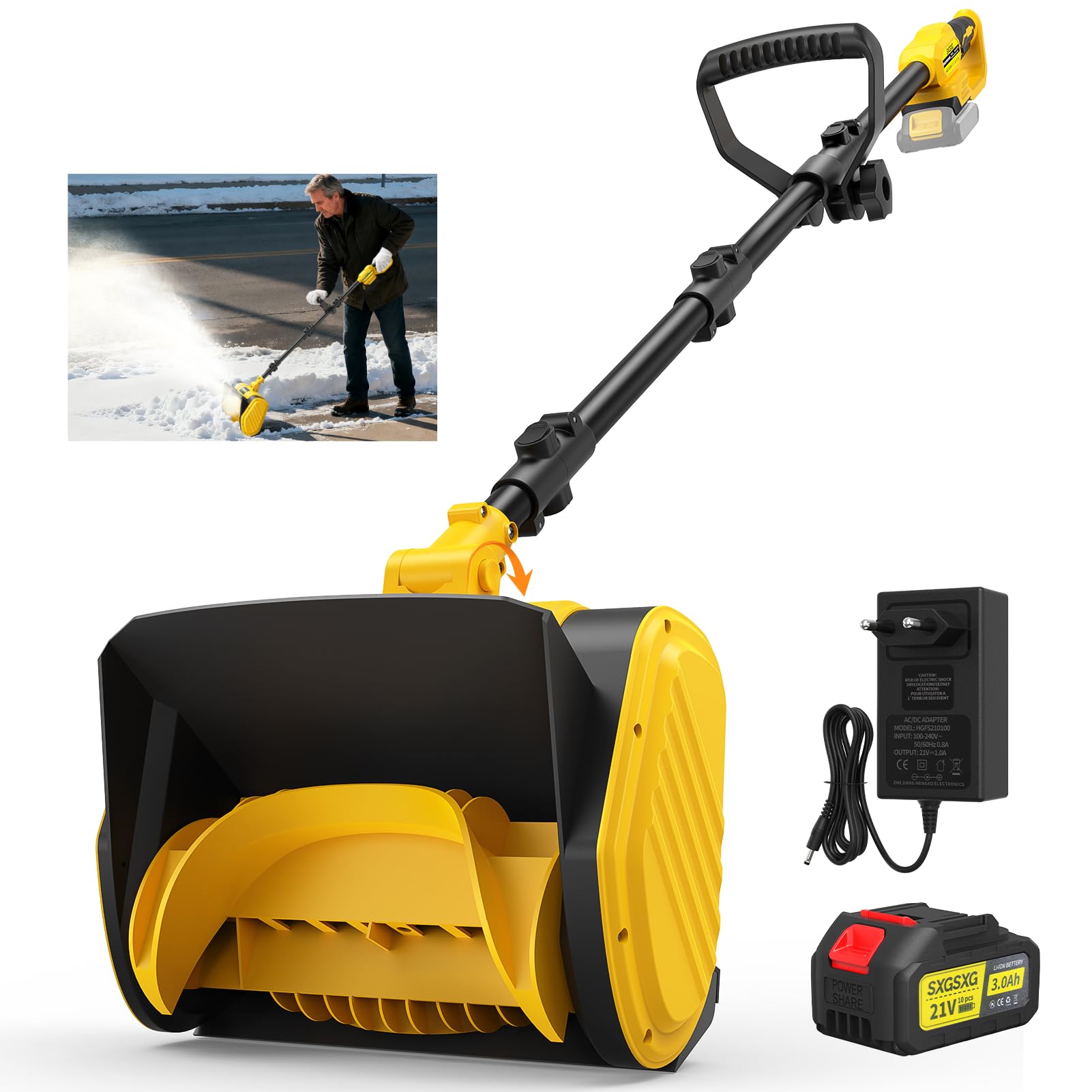 Schneefräse Akku Elektrische Schneefräse mit Akku und Ladegerät Arbeitsbreite 28cm, Schneehöhe 15cm, Auswurfweite 8m & Auswurfhöhe 1,6m,120° verstellbarem Auswurfkanal, Schneefräsen (Gelb)