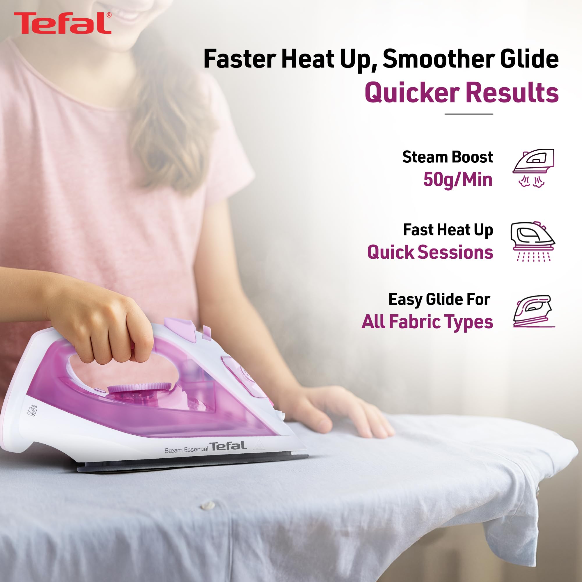 Tefal Pink Steam Essential Iron | 1200 Watts Lightweight Steam Iron with Non-Stick Soleplate | Continuous Steam Boost | Vertical Steaming | No.1 Ironing Brand in Europe | 2-Year Warranty 1