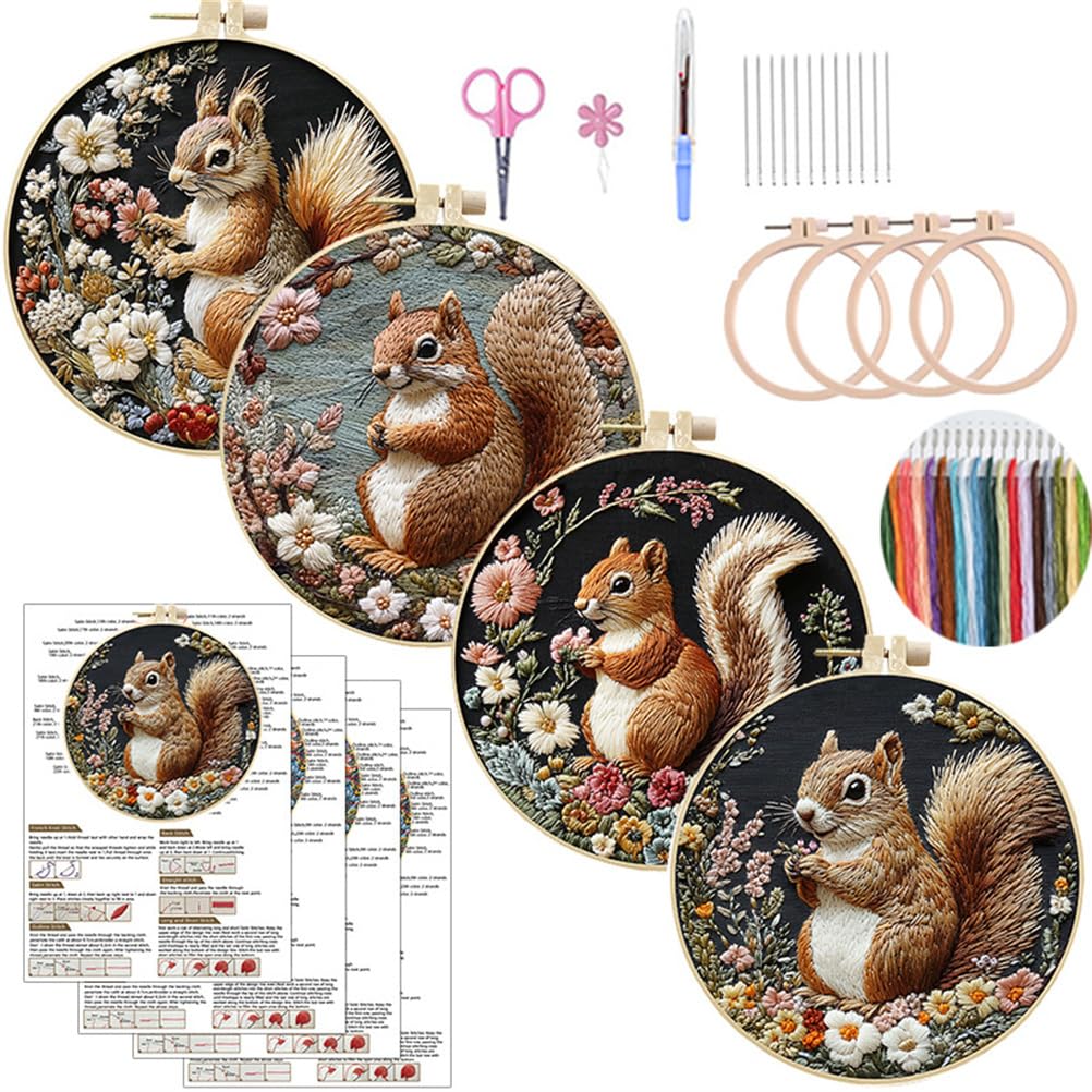 Meecaa 4P Embroidery Kit Starter Set, Squirrel Flower Animal Hand Embroidery Set, Pattern Printed Cross Stitch Set for Beginner Adults, with Embroidery Hoop and Instructions (Squirrel)