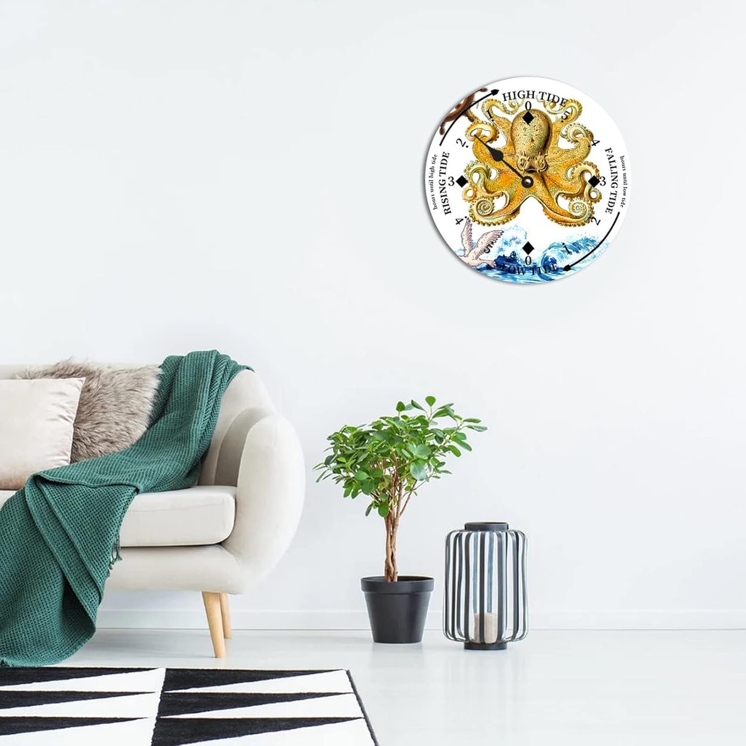 Ocean Octopus Wood Tidal Clock Ocean Time Maritime Coastal Beach High Tide Low Tide Clock Rustic Wooden Nautical Tide Movement Vintage Decor for Beach House Kitchen Wall Art 12x12 in