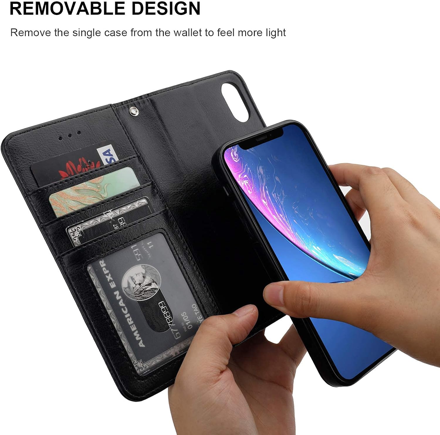 Bocasal for iPhone Xr Wallet Case with Card Holder PU Leather Magnetic Detachable Kickstand Shockproof Wrist Strap Removable Flip Cover for iPhone Xr 6.1 inch (Black)