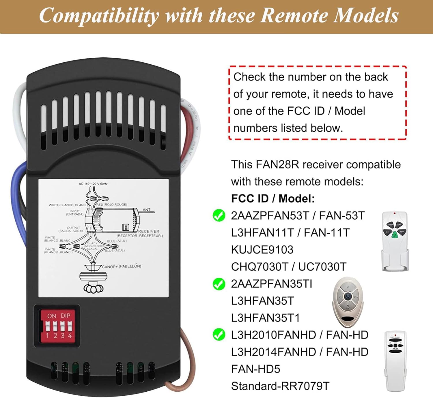 Universal Ceiling Fan Remote Control Kit, 3 Speed Control with Light Dimming, Replacement for Harbor Breeze, Hunter, Hampton Bay, Litex, Wall Mount Included