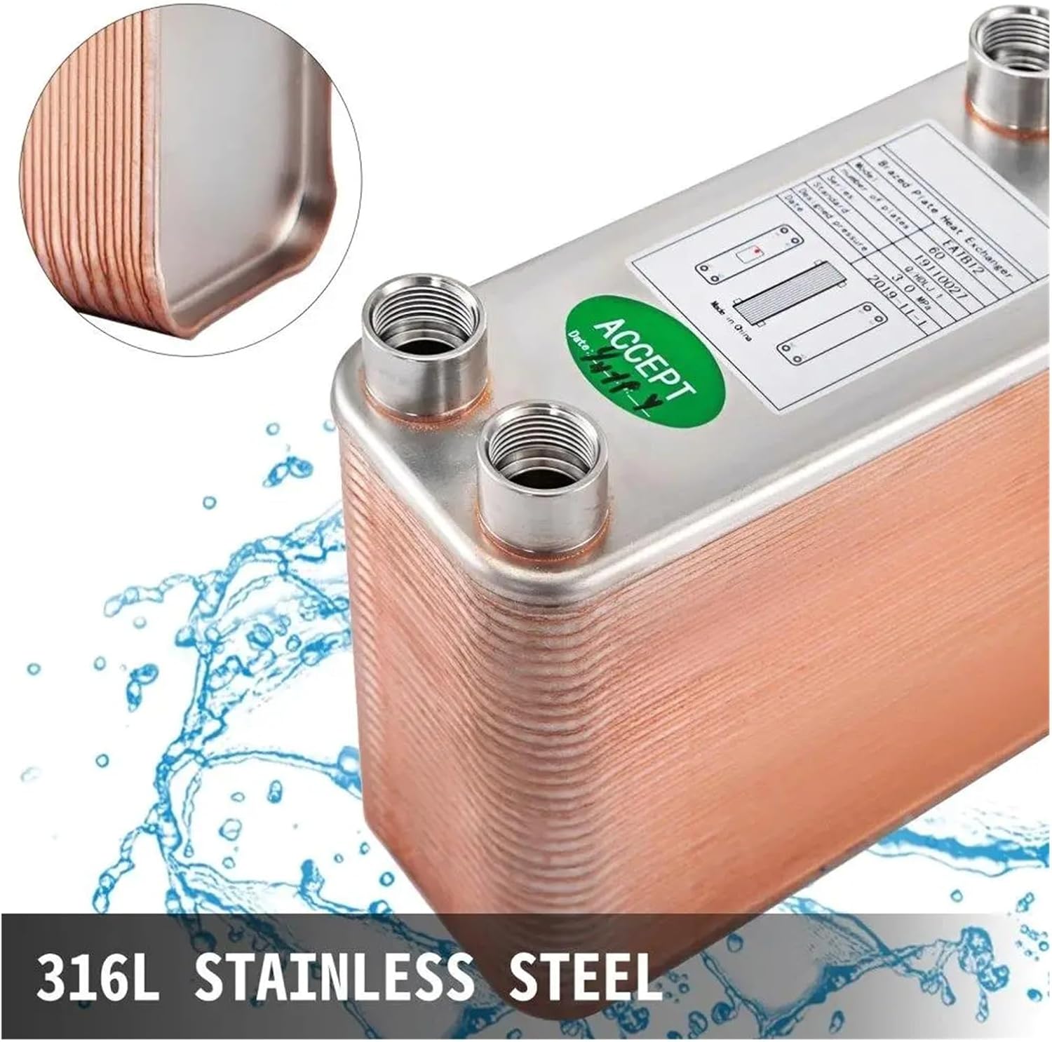 Brazed Heat Exchanger 3x7.5 Inches 60 Plates 316L Stainless Steel 1/2 Inch BSP FPT Beer Wort Chiller For Hydronic Heating Multiple Applications